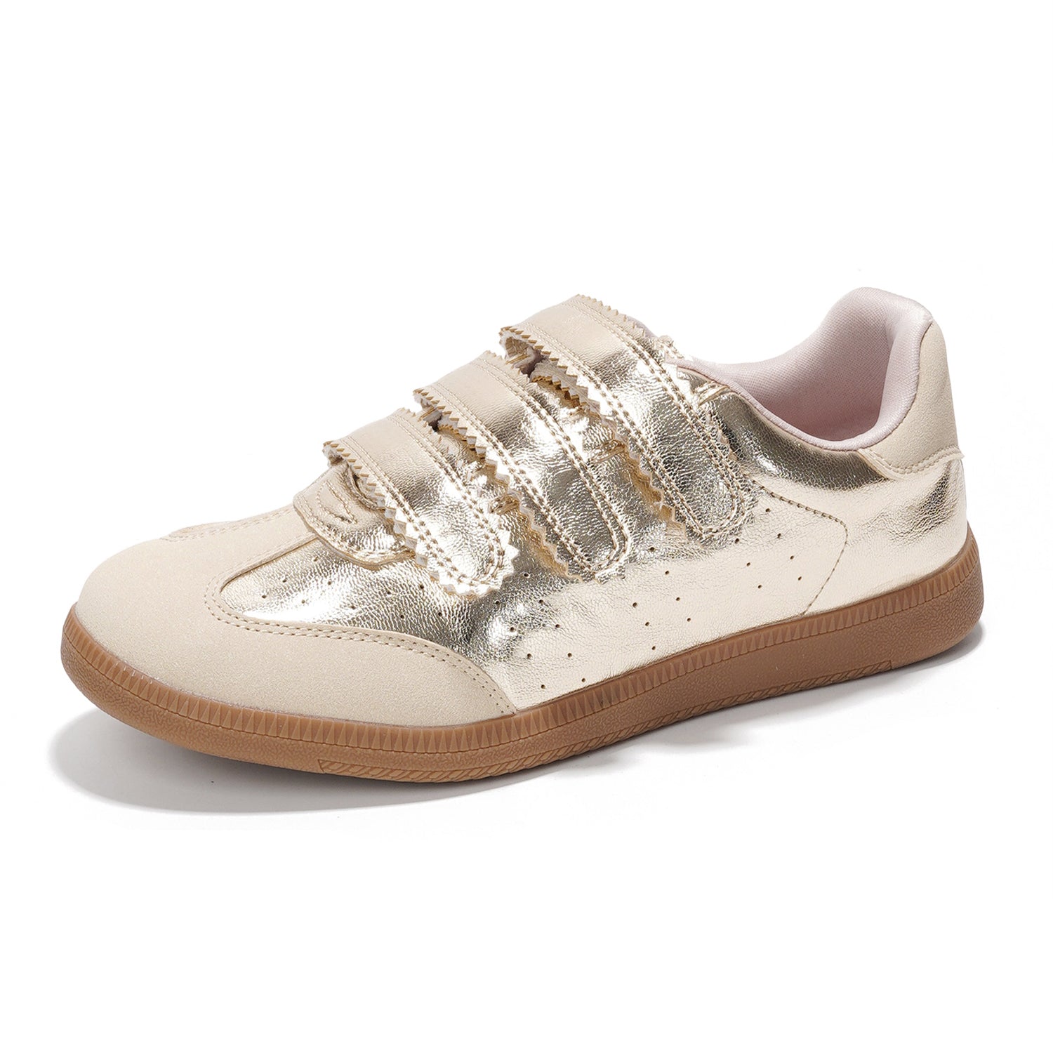 Ysabelle vegan leather sneakers in metallic gold with velcro straps, memory foam, non-slip sole.