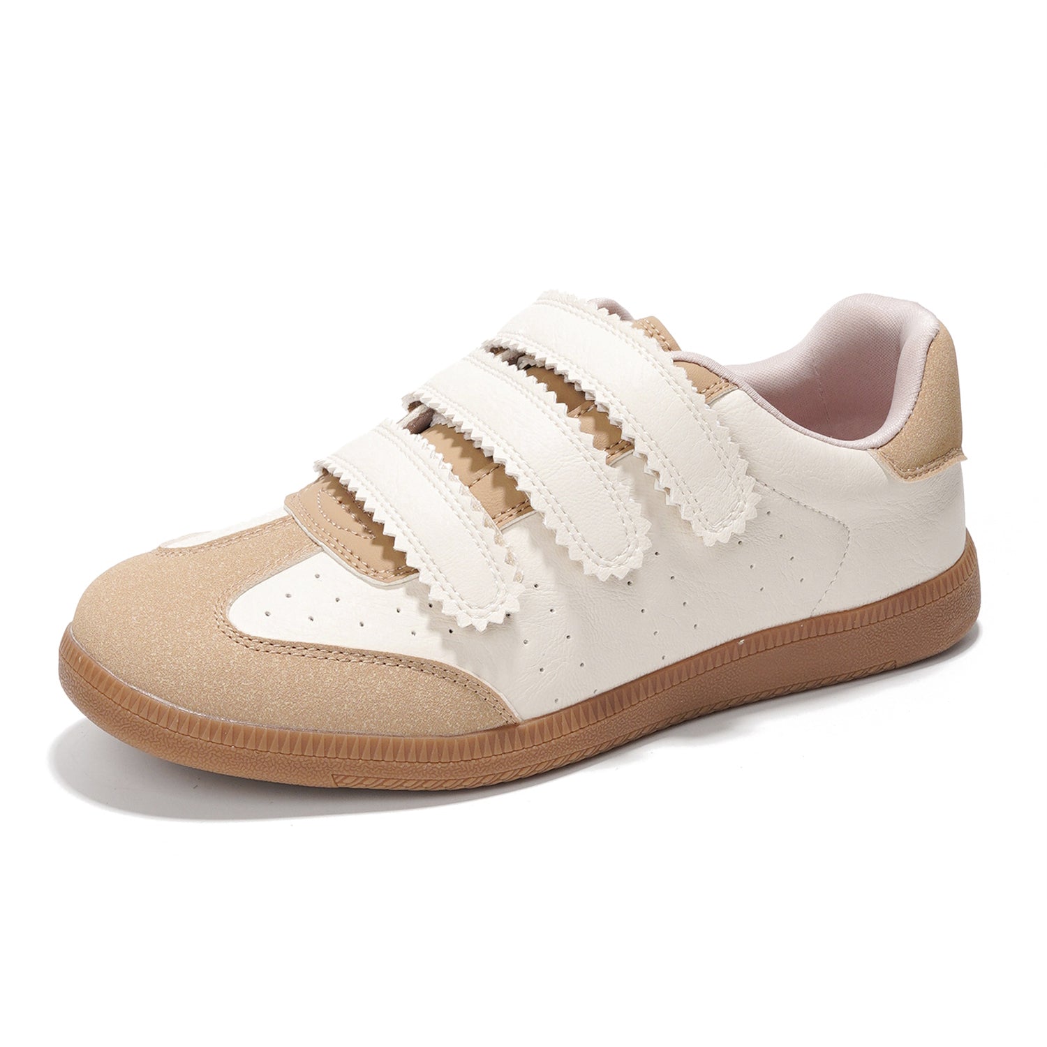 Project Cloud Ysabelle vegan leather sneakers in cream and beige with velcro straps, memory foam, non-slip sole.