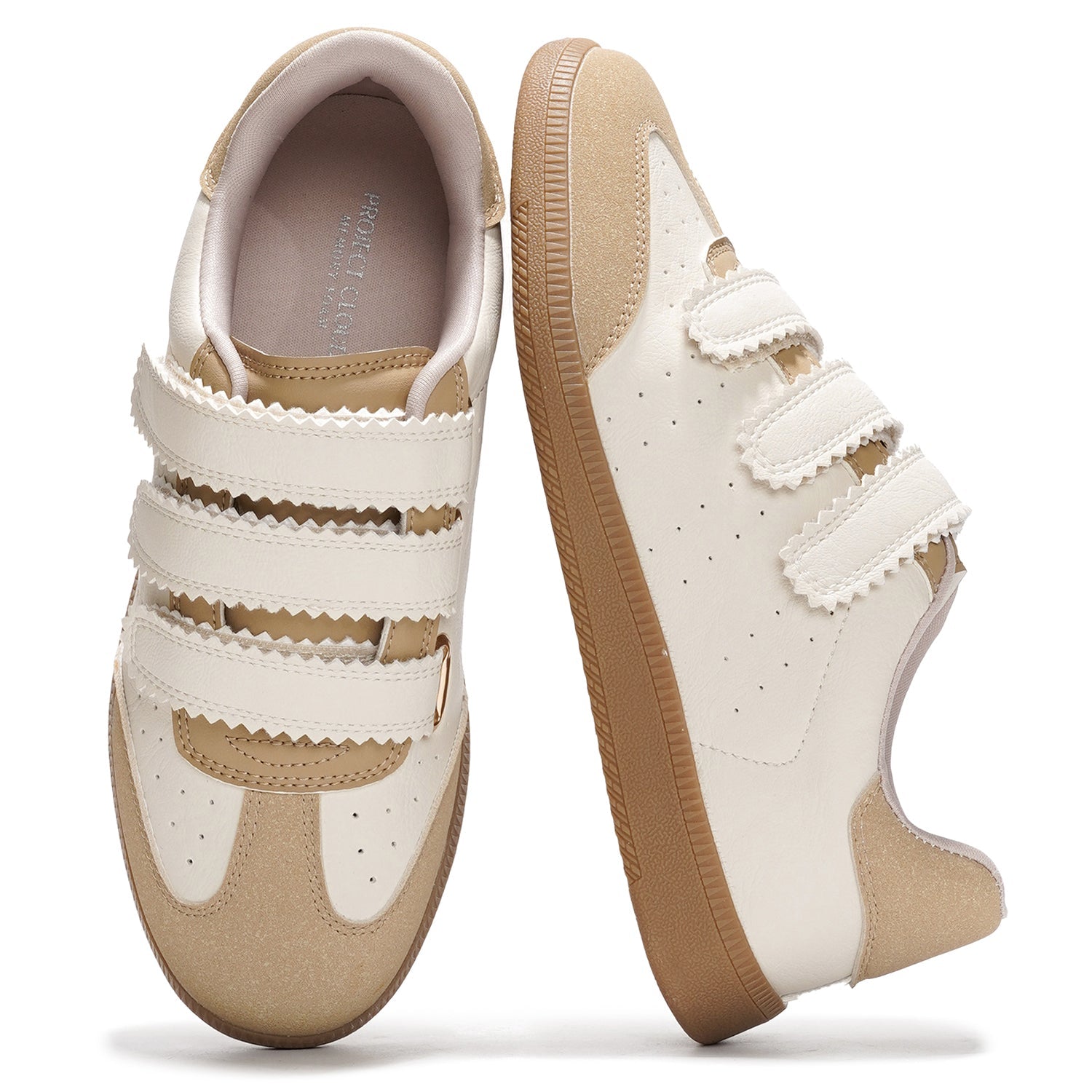 Project Cloud Ysabelle vegan leather sneakers in cream and beige with velcro straps, memory foam.