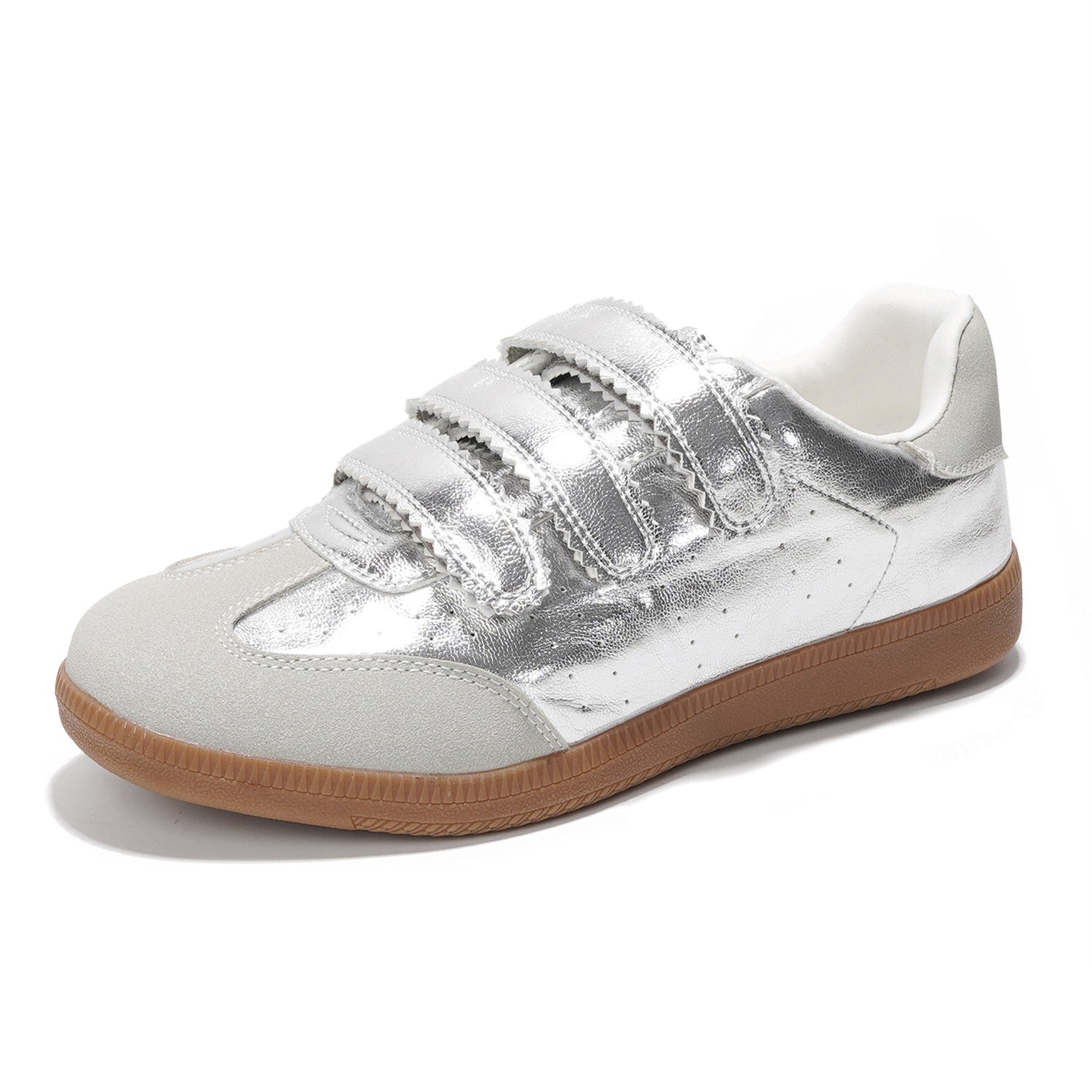 Project Cloud Ysabelle silver vegan leather sneakers with velcro straps and brown sole