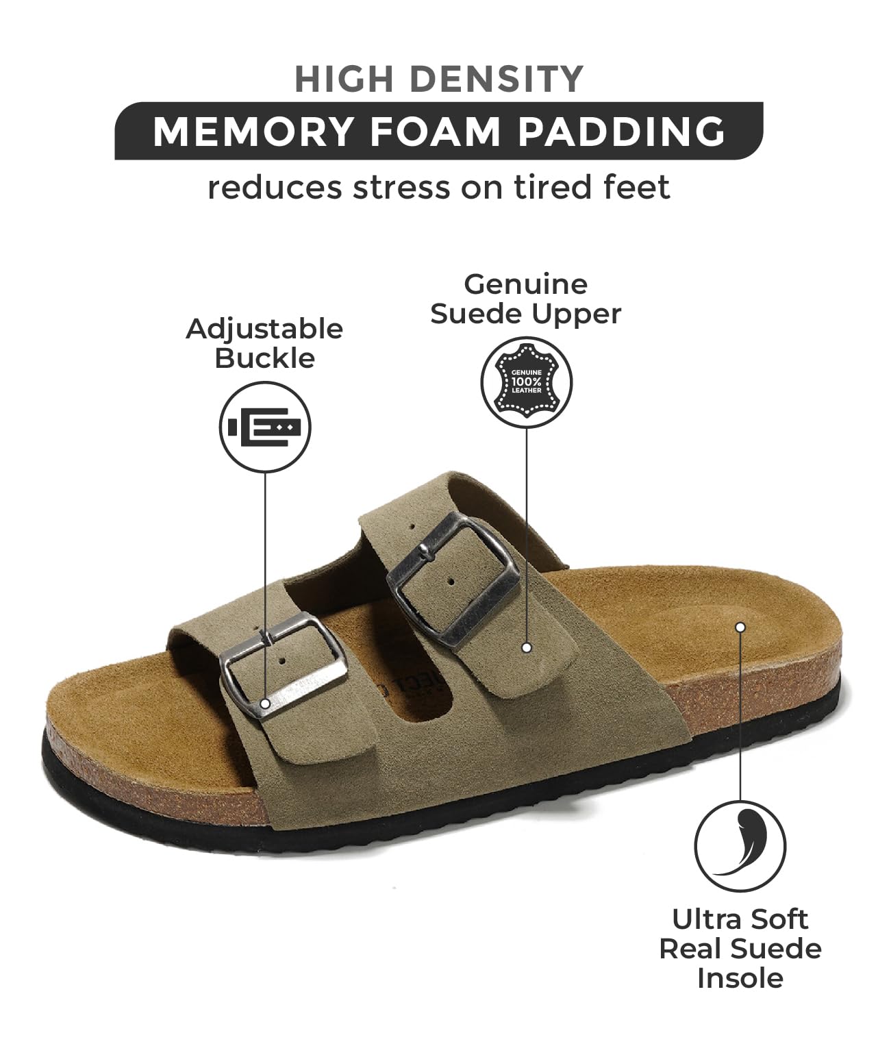 Project Cloud Arizona men's sandals featuring memory foam, genuine suede upper and adjustable buckle detail