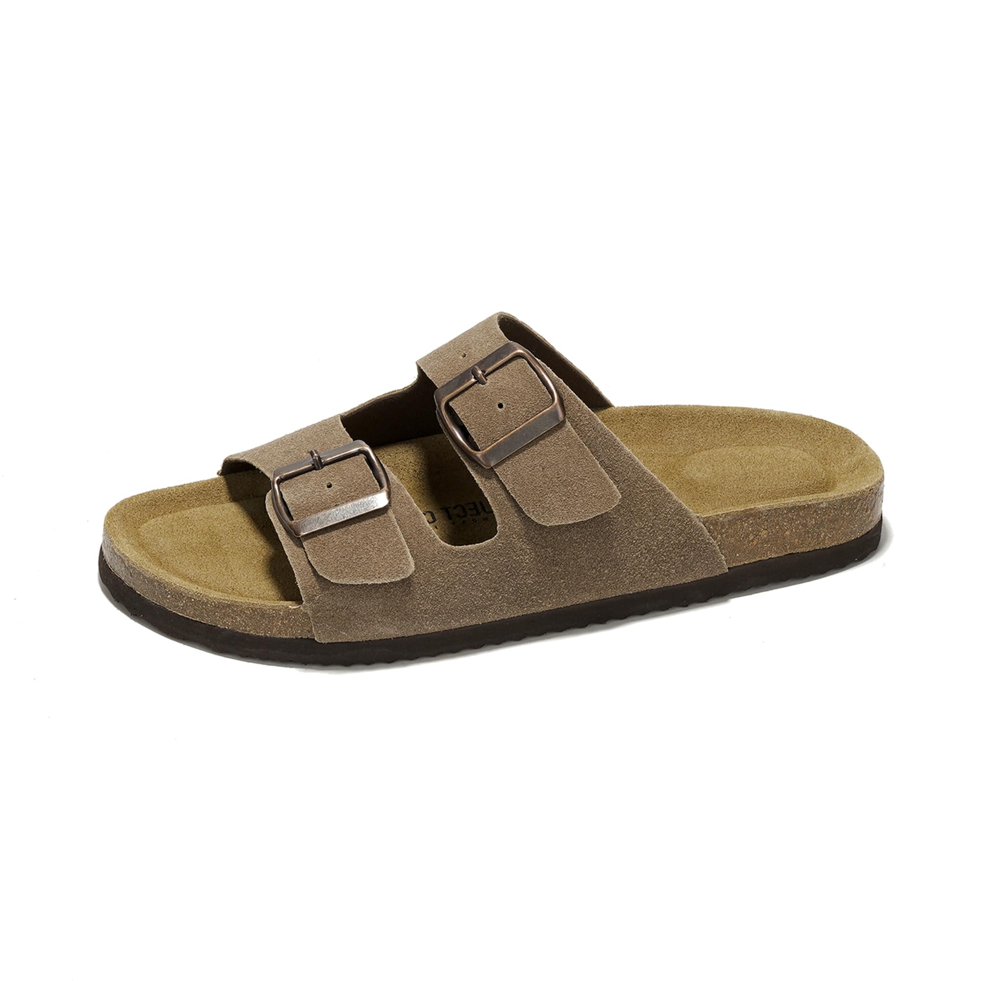 Arizona Men's Tan Leather Sandals with Cork Footbed, Double Buckle, memory foam
