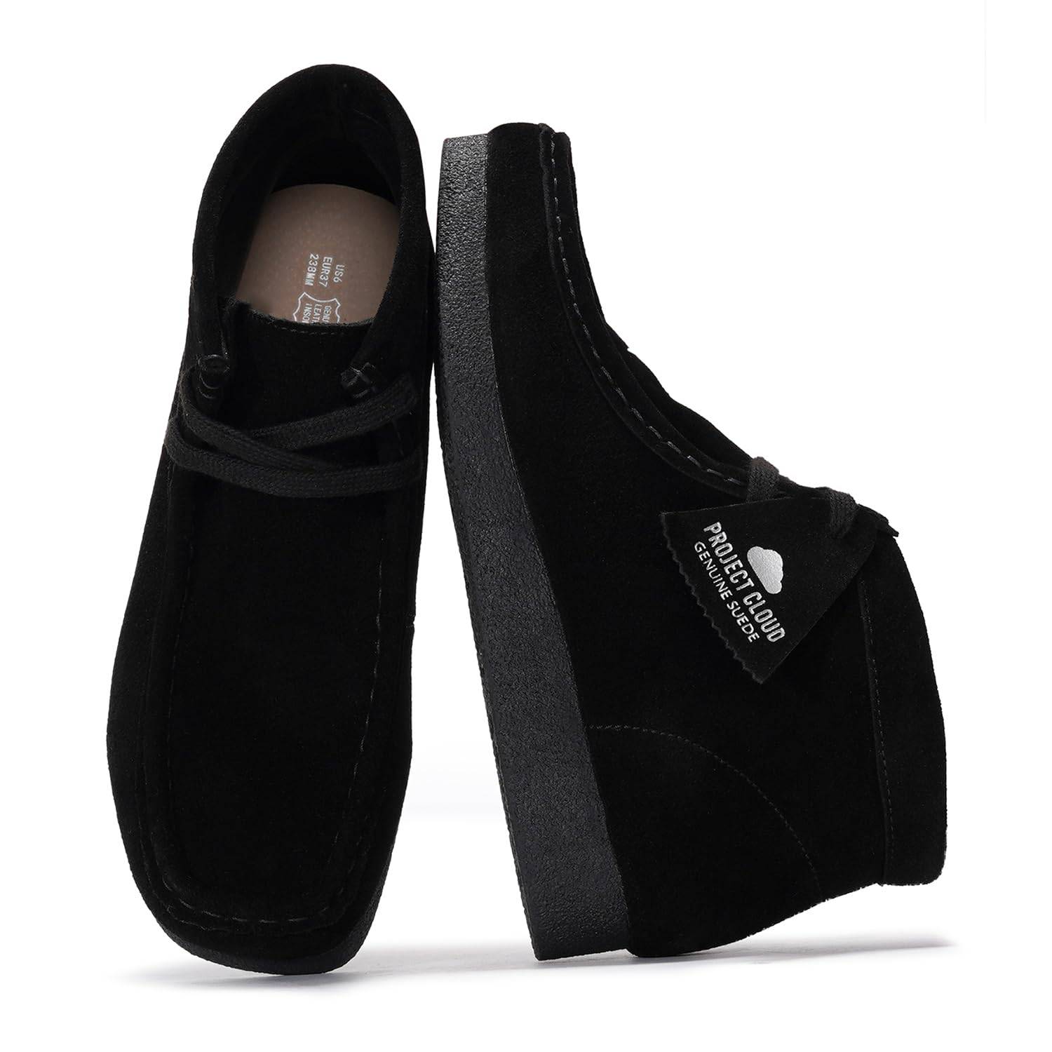 Project Cloud black suede Wally Boot for women, featuring genuine suede, memory foam insole, and non-slip sole.
