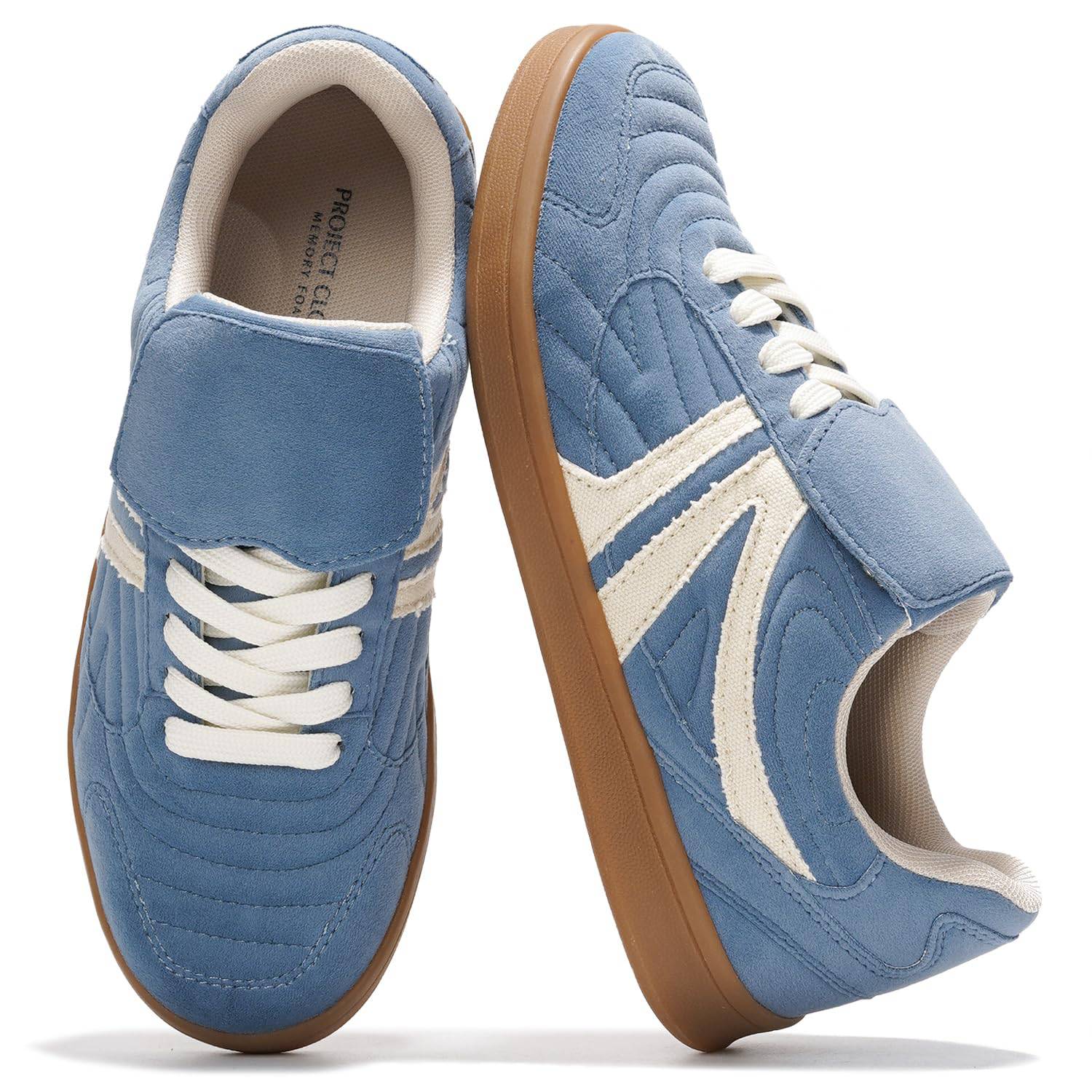 Project Cloud Madrid blue vegan leather sneakers for women with white laces, Project Memory Foam logo, non-slip sole.