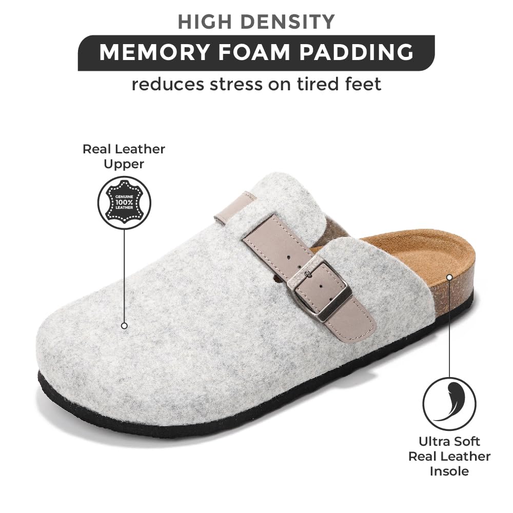 Men's gray felt Brooklyn clogs with memory foam, real leather insole, and upper for comfort.