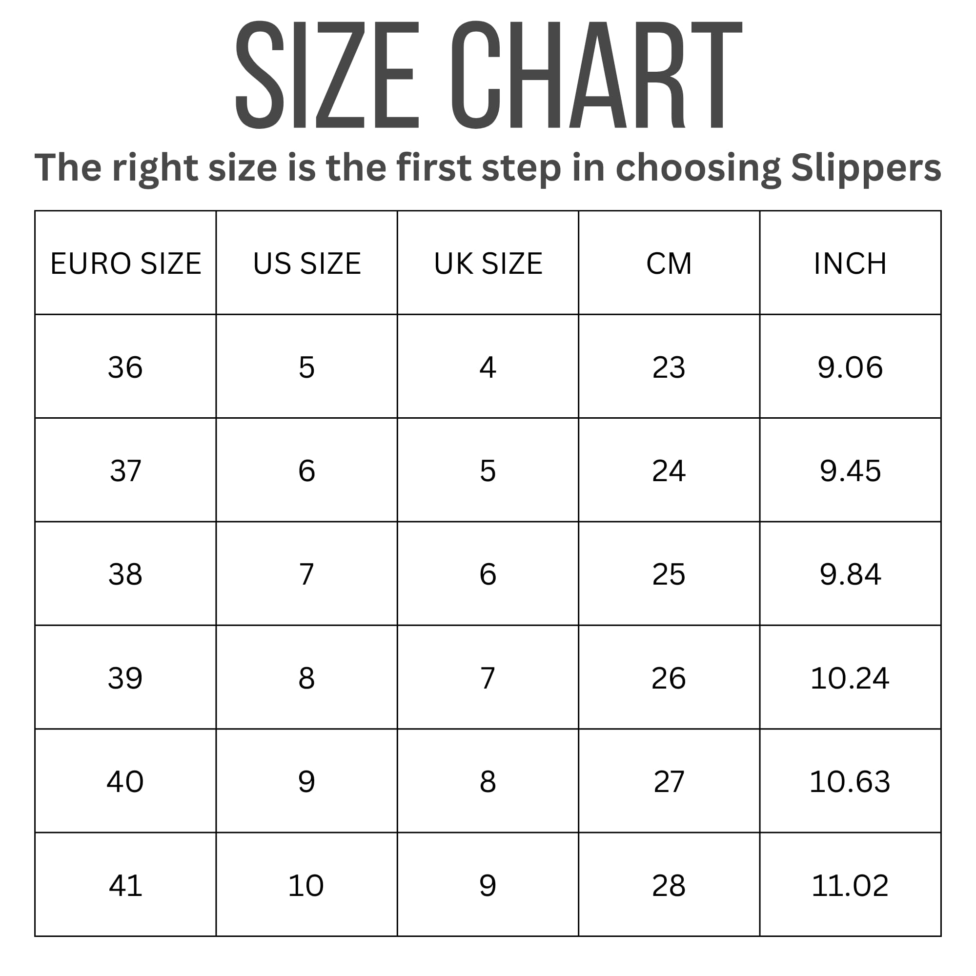 Project Cloud Casa slipper size chart: European, US, UK sizing with centimeter and inch measurements for women's slippers