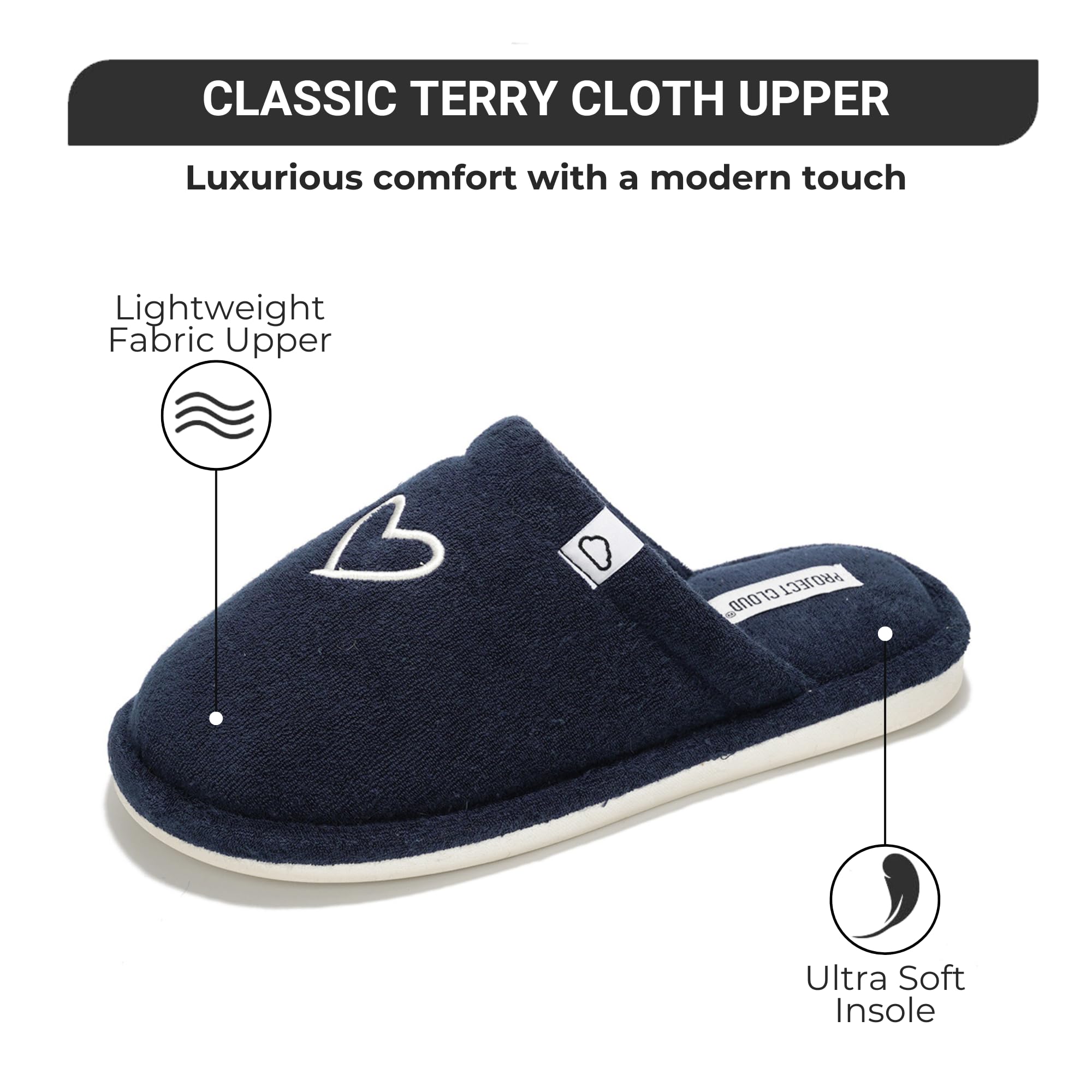 Project Cloud Casa women's navy memory foam slipper with heart detail, terry cloth upper and ultra soft insole.