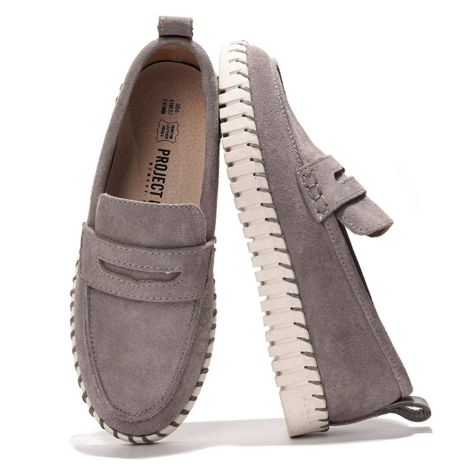 Project Cloud Filide Leather Loafers in Grey. Featuring memory foam insole, non-slip sole, and genuine leather for women.