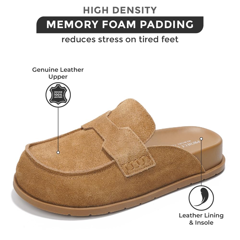 Foamy Clogs: Genuine suede upper, memory foam padding, leather lining & insole for women.