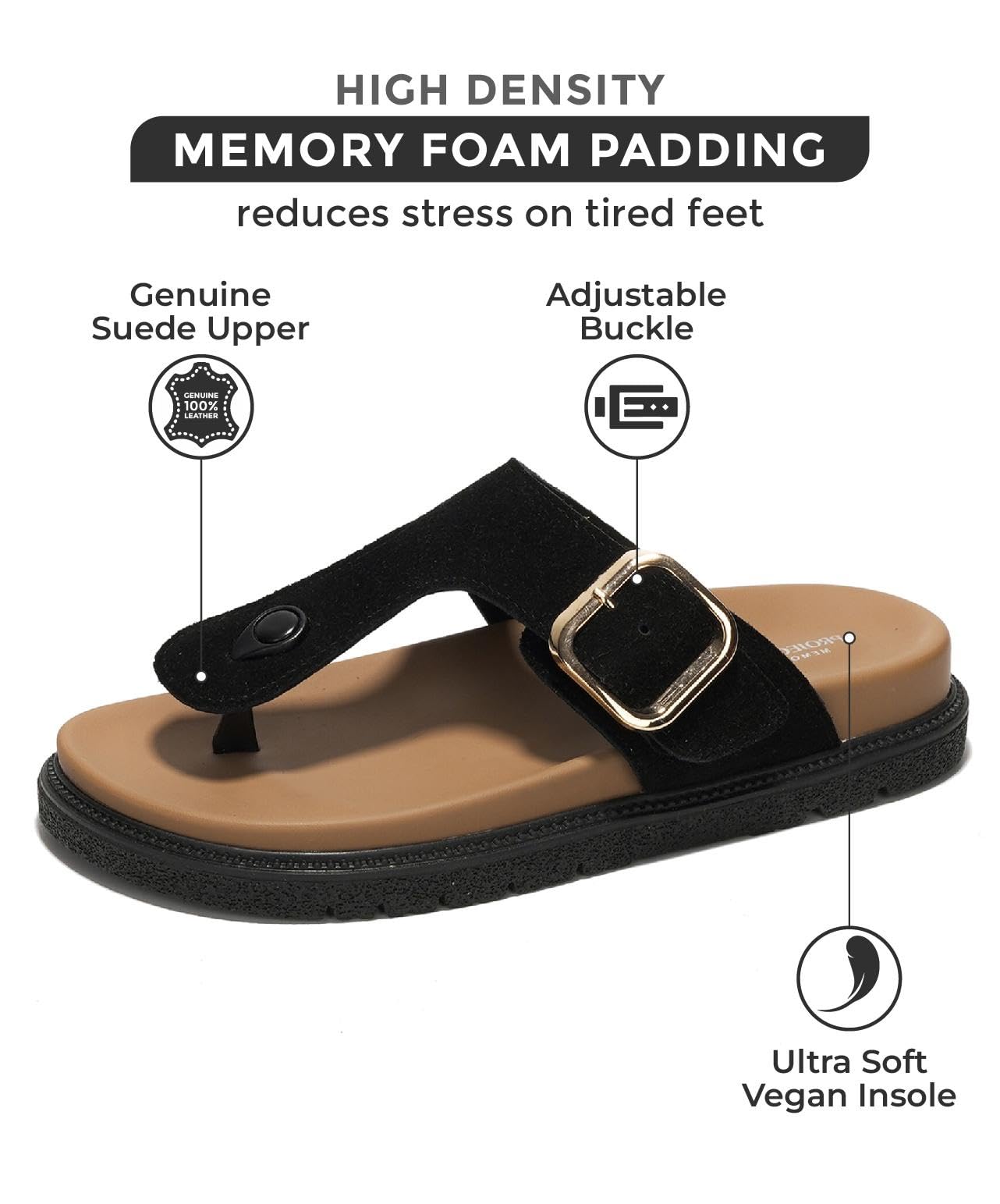 Black suede Freida sandal with adjustable buckle, memory foam padding and ultra-soft vegan insole.