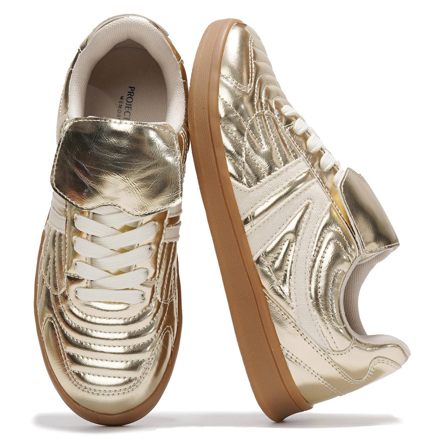Gold vegan leather Madrid sneakers with white laces and Project Memory Foam logo, non-slip sole for women