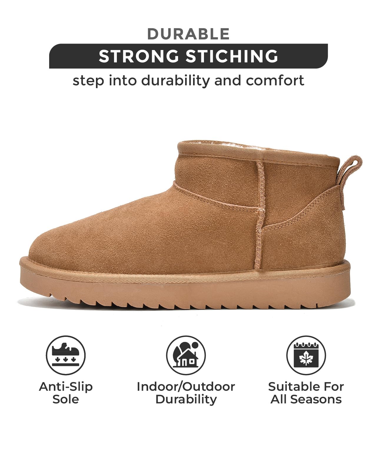 Tan suede Hippy ankle boots: durable, strong stitching, anti-slip sole, and suitable for all seasons, water-resistant.