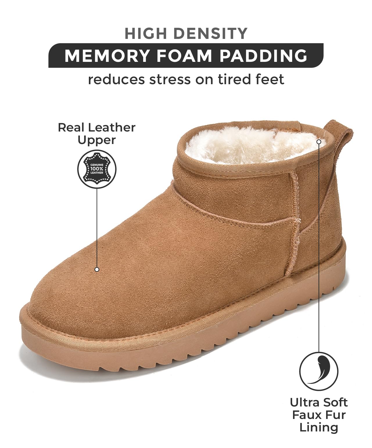 Hippy suede ankle boots with memory foam, real leather upper, and faux fur lining.