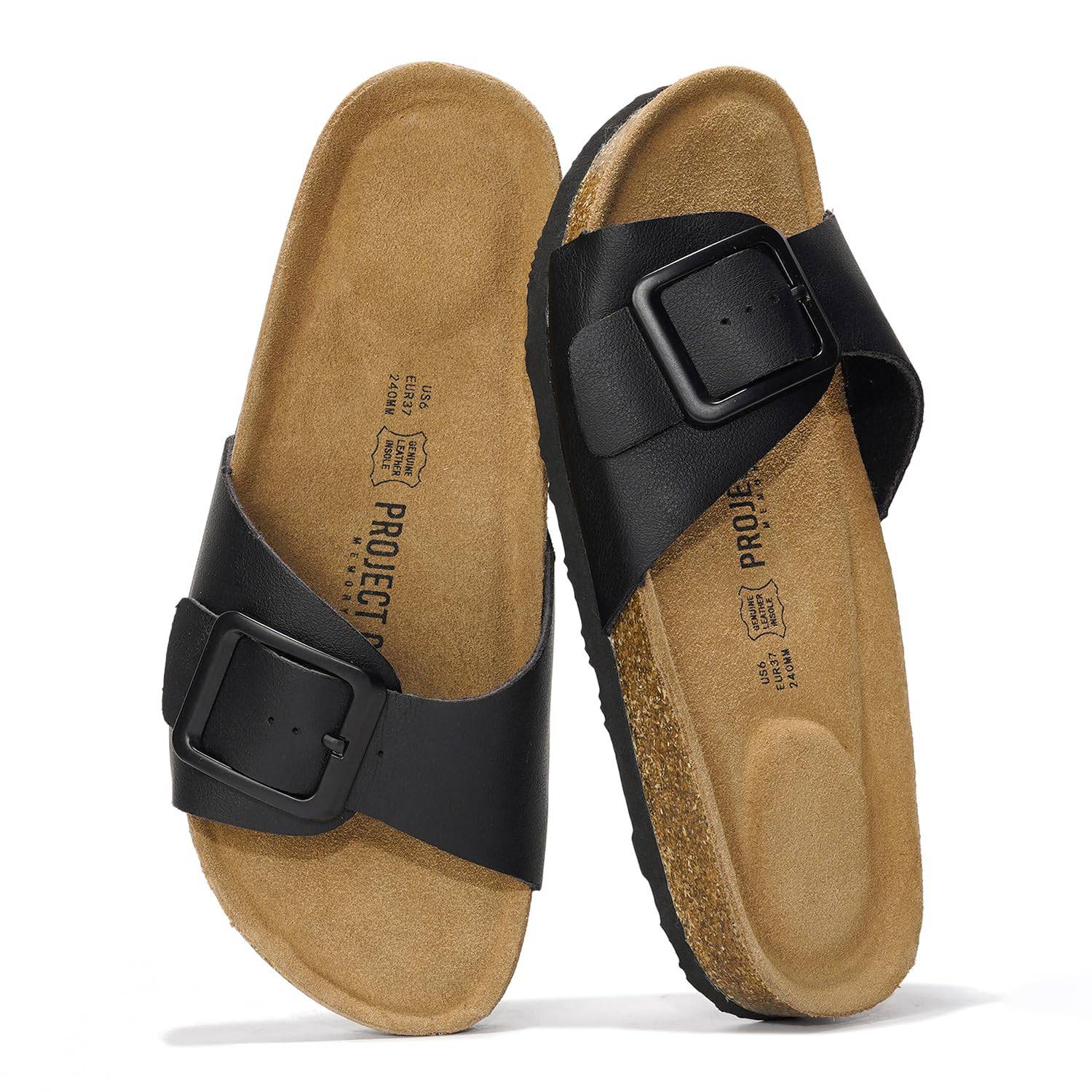 Project Cloud Ibiza Black Leather Sandals with Buckle Detail, Cork Footbed for Women