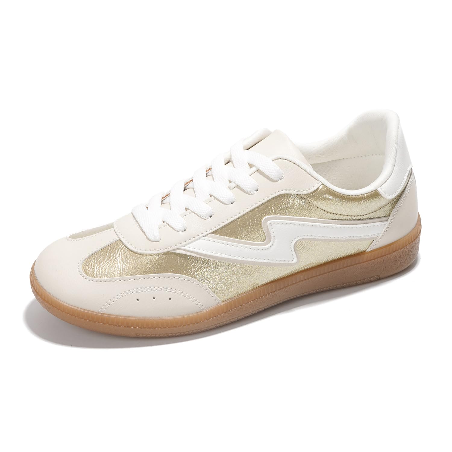 Project Cloud Irita Women's Sneakers in cream with metallic gold accents, lace-up design, and memory foam