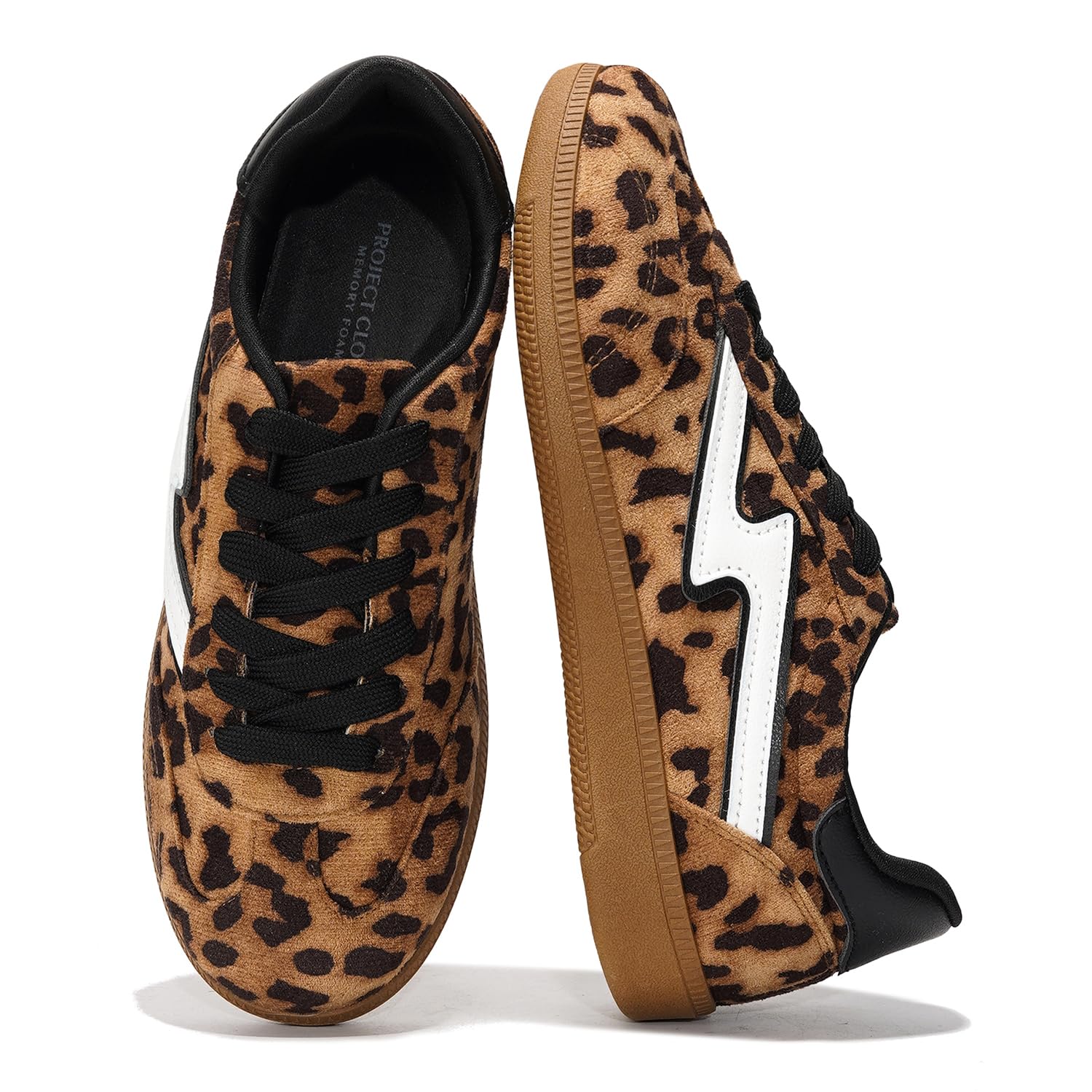 Project Cloud Irita Leopard Sneakers: Memory foam, lace-up, white logo, non-slip sole.