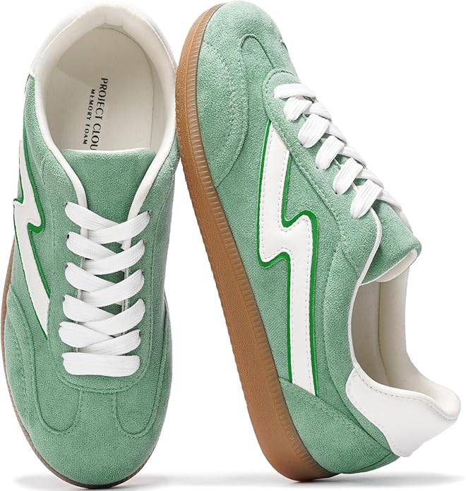 Project Cloud Irita Women's Sneakers in green suede with white accents, memory foam, lace-up closure, and non-slip sole.