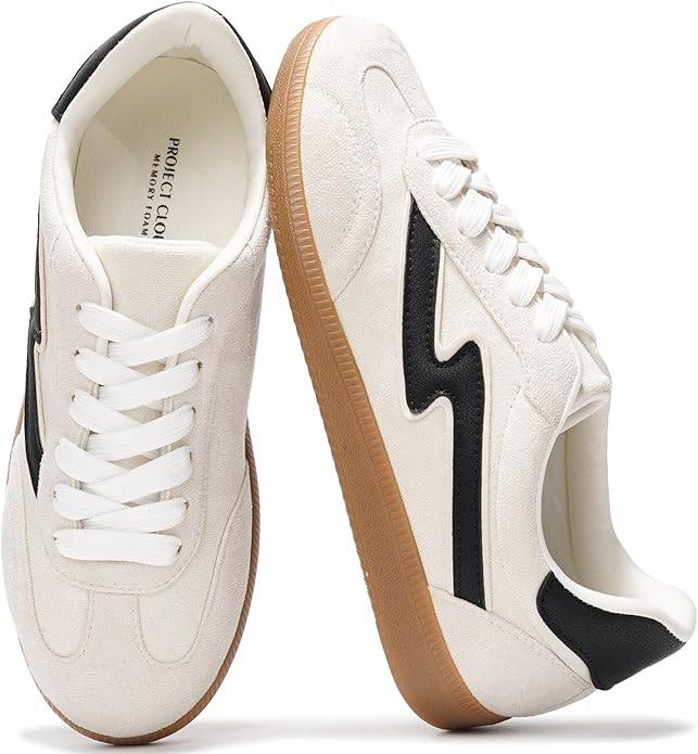 Project Cloud Irita Women's Sneakers in white suede with black accents, memory foam, lace-up closure, non-slip sole.
