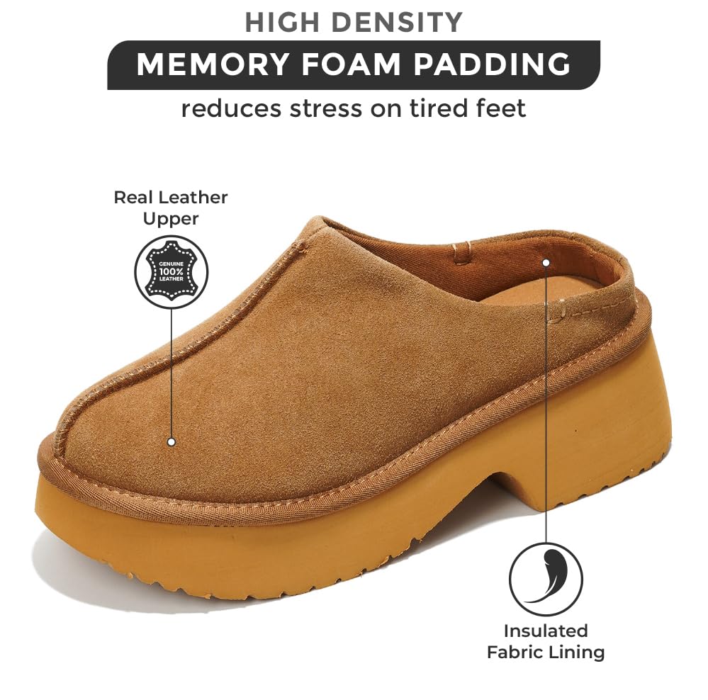 Project Cloud Johnna Suede Mule with memory foam, leather upper, and insulated lining. Comfortable cloud clogs.