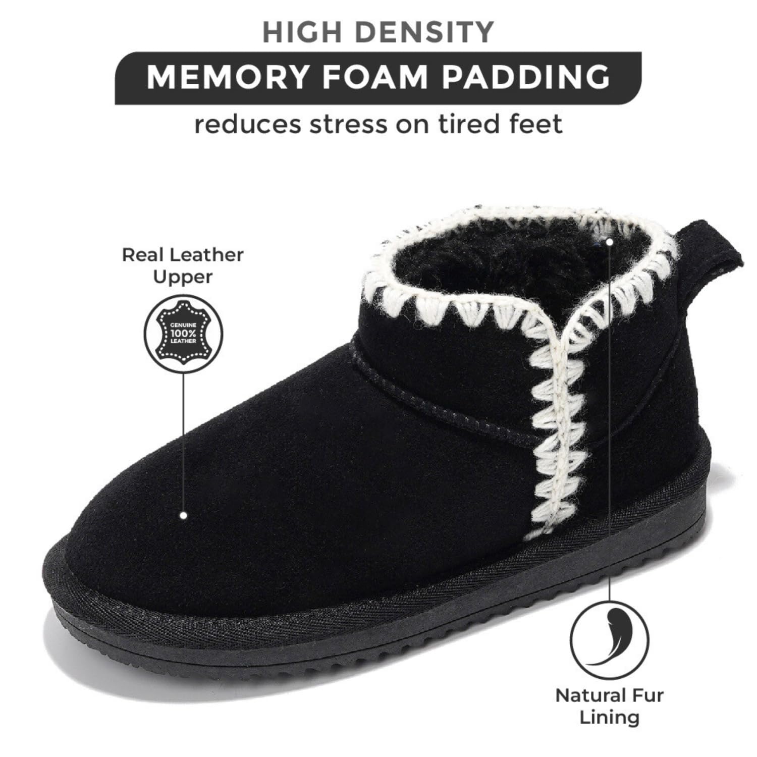 Project Cloud Karol Kids' black leather boots with memory foam, faux fur lining, and non-slip sole
