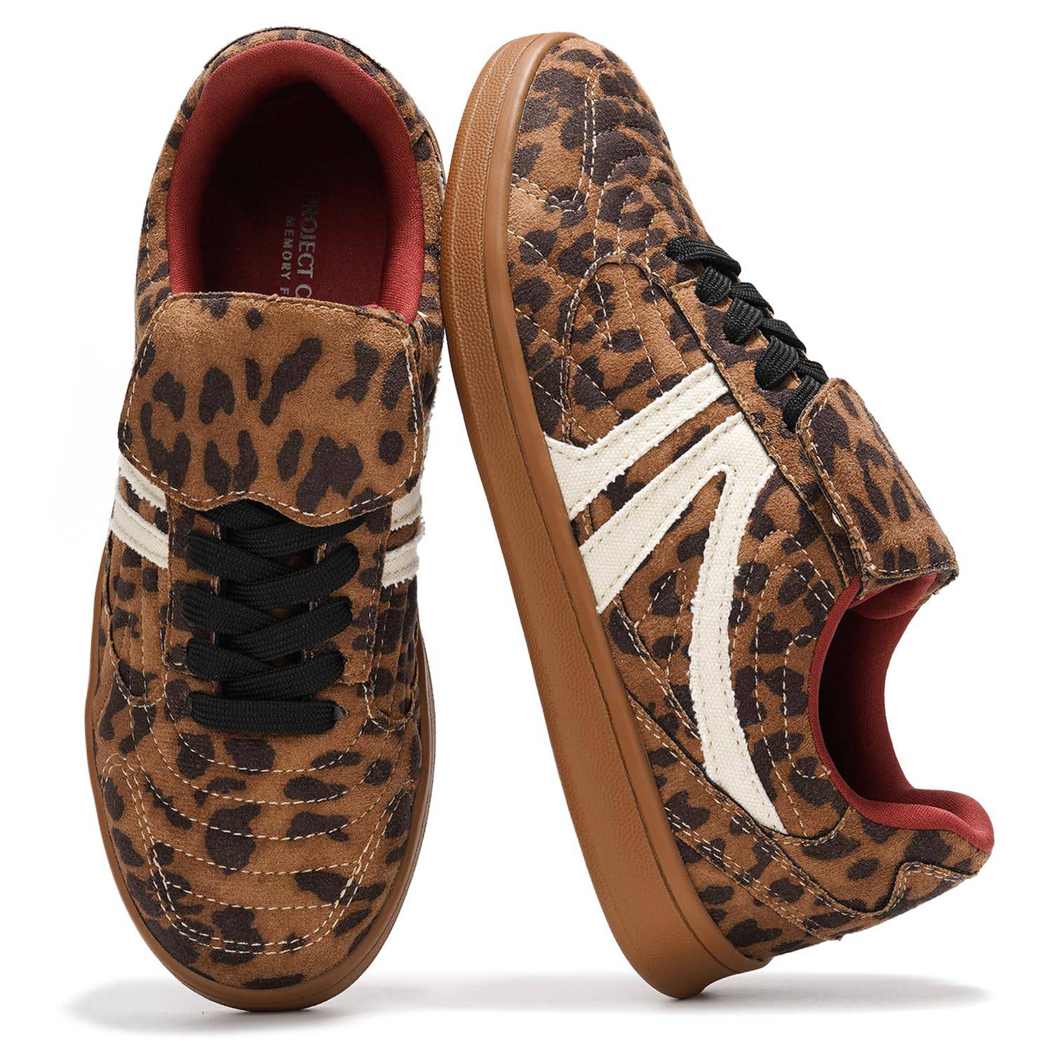 Project Cloud Madrid leopard print vegan sneakers with memory foam, black laces, and non-slip sole.