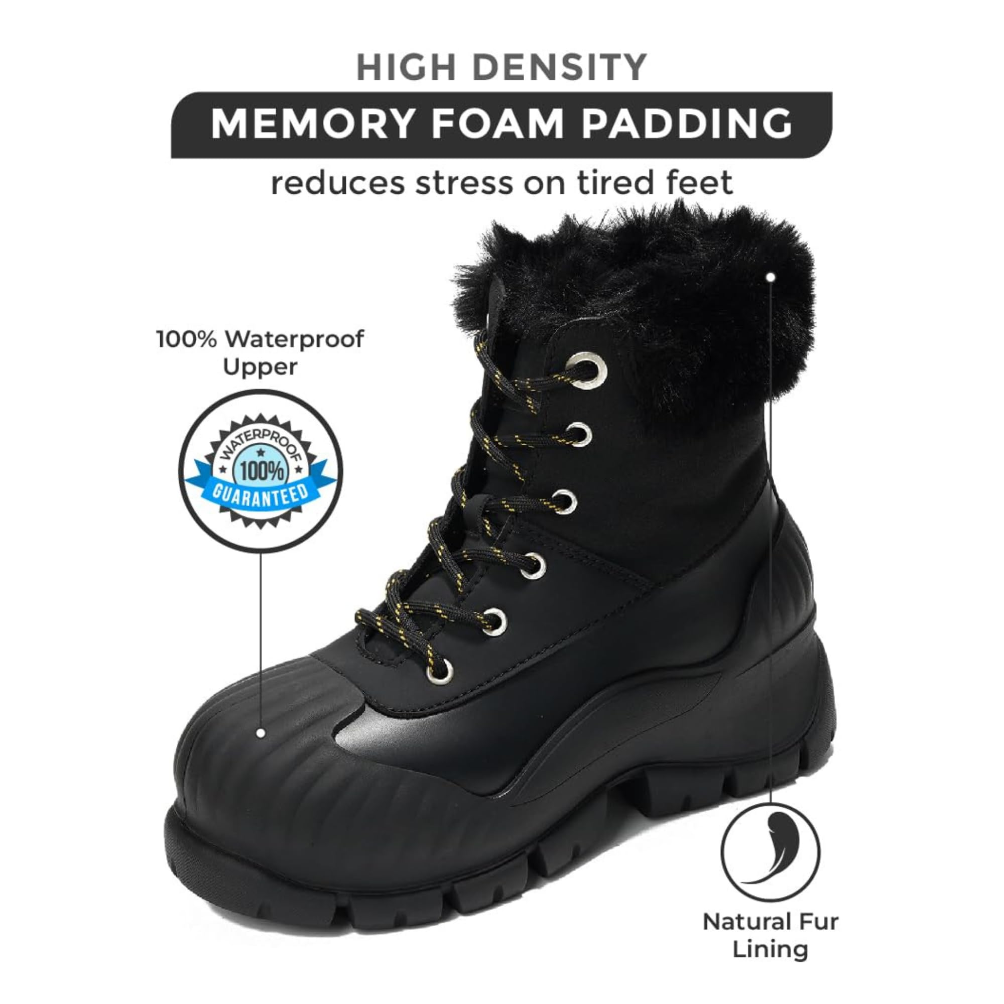 Black Project Cloud Lydia Winter Boot with memory foam, waterproof design, and fur lining.