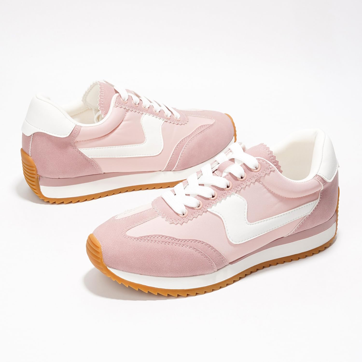 Madison blush pink sneakers, white accents, lace-up, non-slip sole, memory foam.