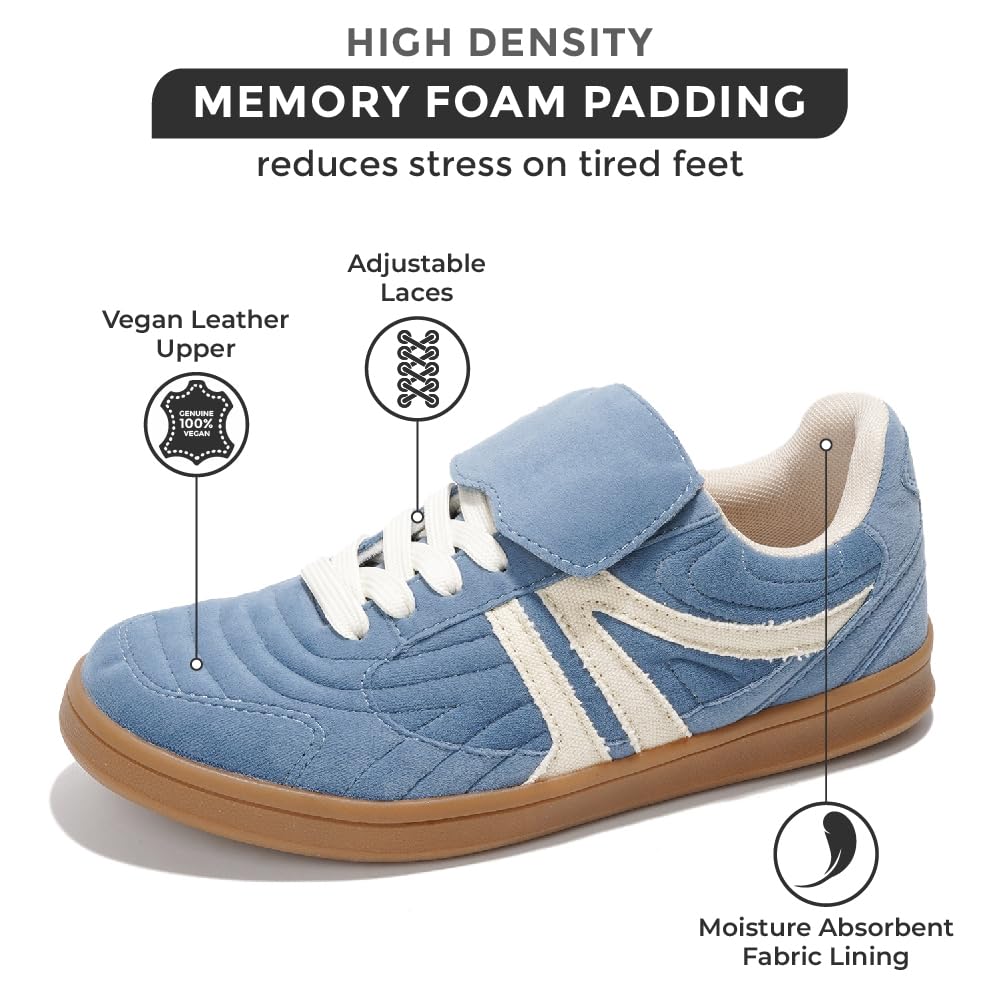 Blue vegan leather Madrid sneaker for women, memory foam padded for comfort, adjustable laces, and non-slip sole.