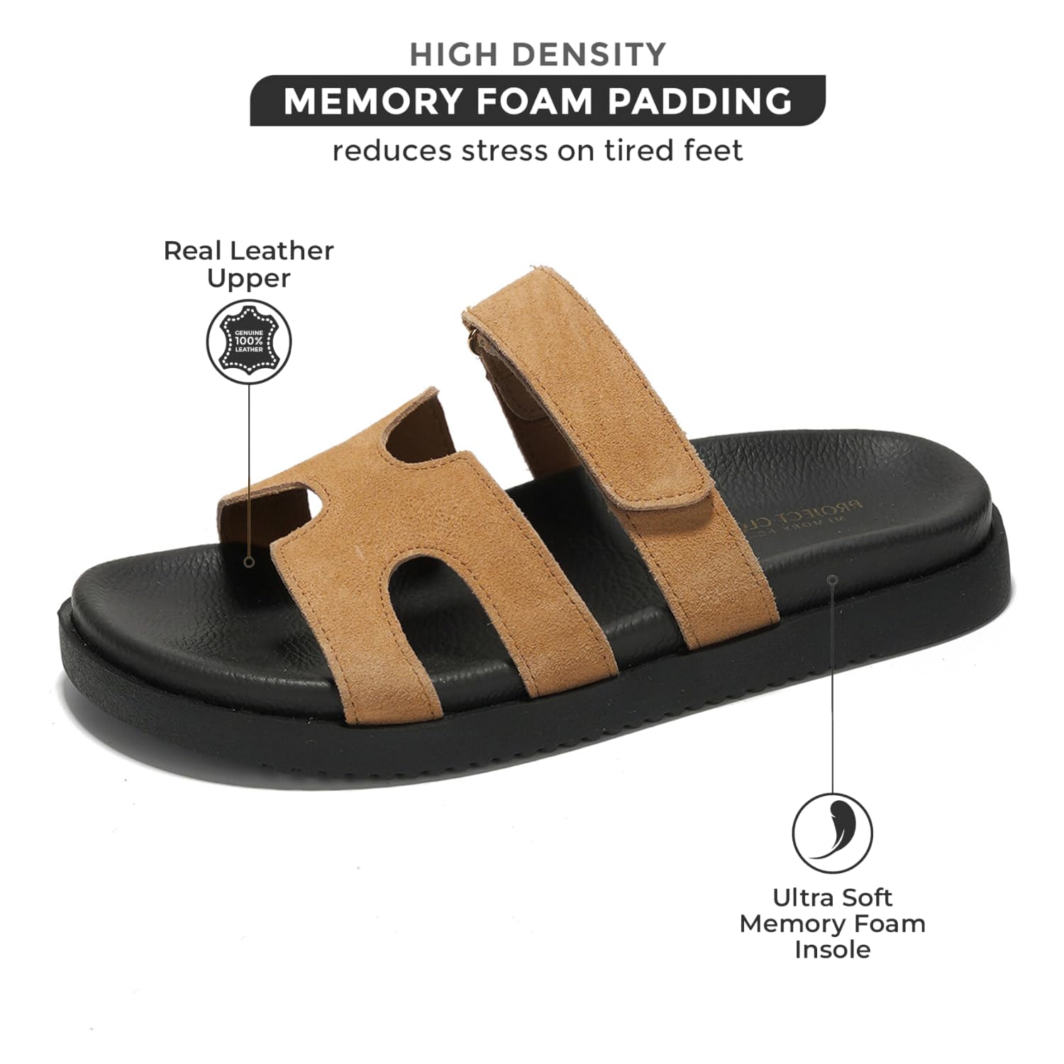 Project Cloud Mayven women's tan leather sandals with memory foam insole, adjustable straps, and black sole.