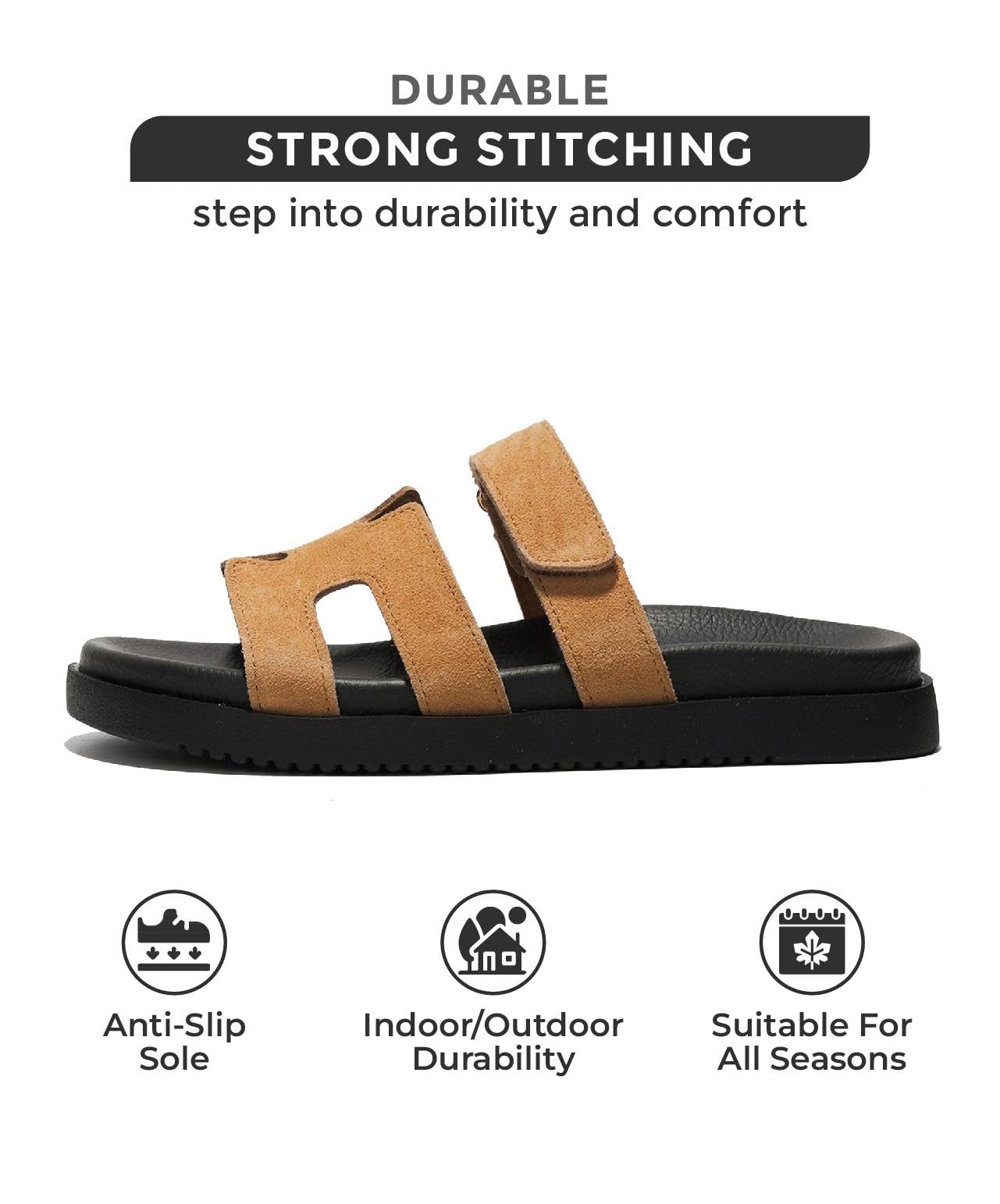 Mayven tan suede sandals with adjustable straps, black sole. Durable, anti-slip, all-season.