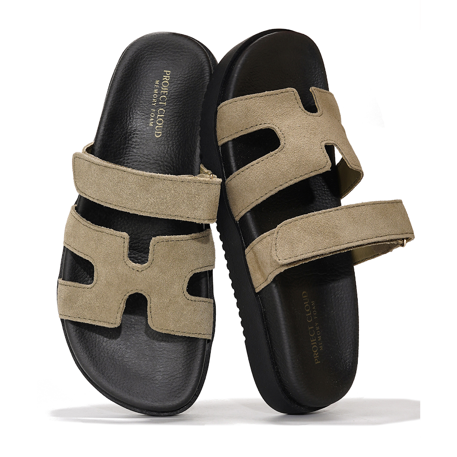 Project Cloud Mayven women's platform sandals in tan suede leather with adjustable straps and memory foam.