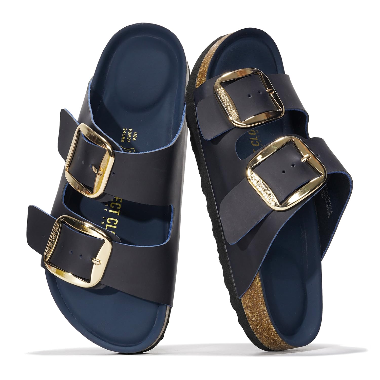 Project Cloud Santorini Leather Sandals with gold buckle, comfortable memory foam slides for women