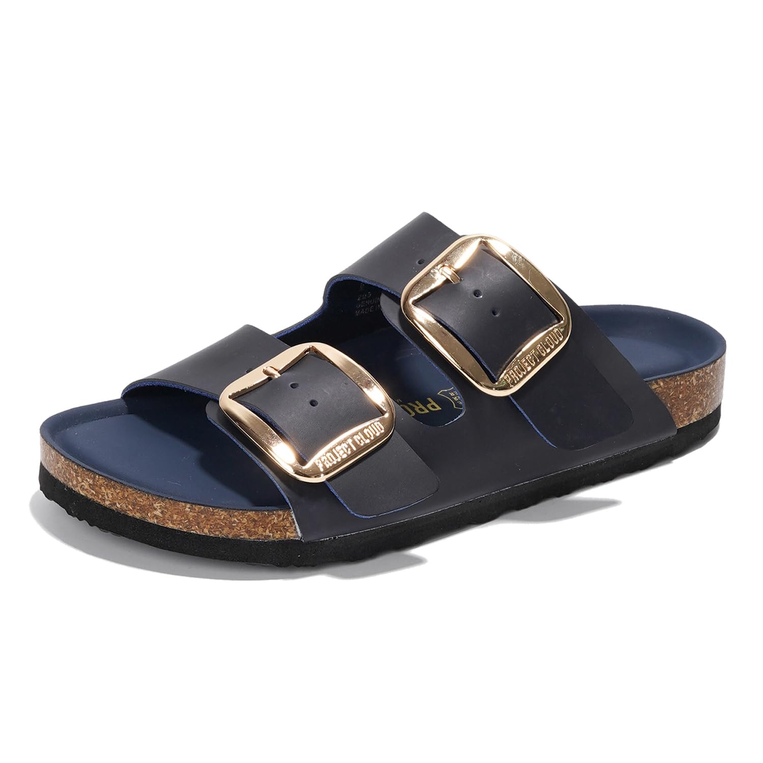 Project Cloud Santorini Leather Sandals in Navy Blue with Gold Buckles - Comfortable Memory Foam Slides for Women