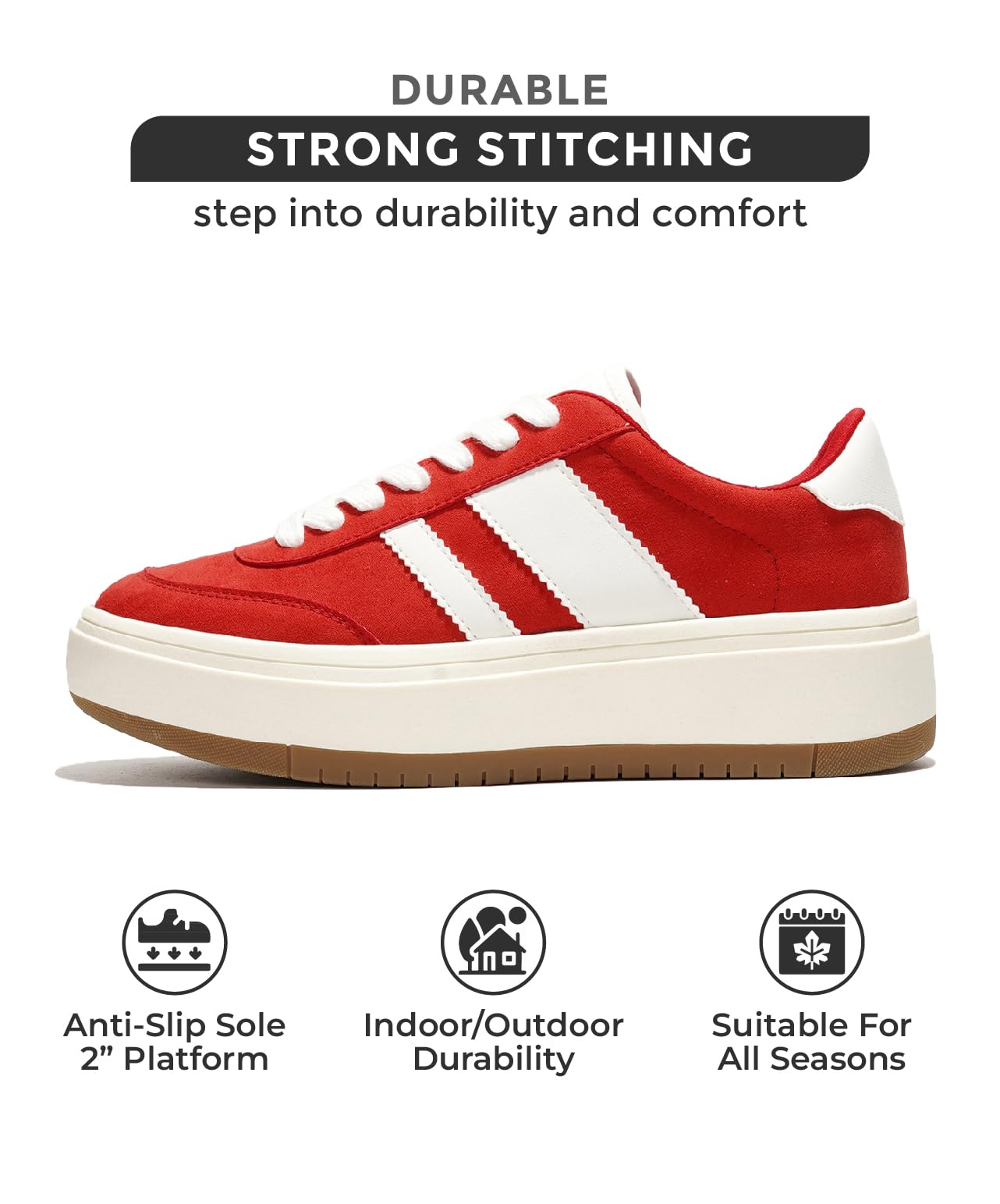 Red Nita sneakers with platform sole, white stripes, durable stitching, anti-slip, suitable for all seasons.