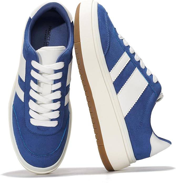 Blue Nita platform sneakers with white stripes. Features Project Cloud memory foam insole for women's fashion and comfort.