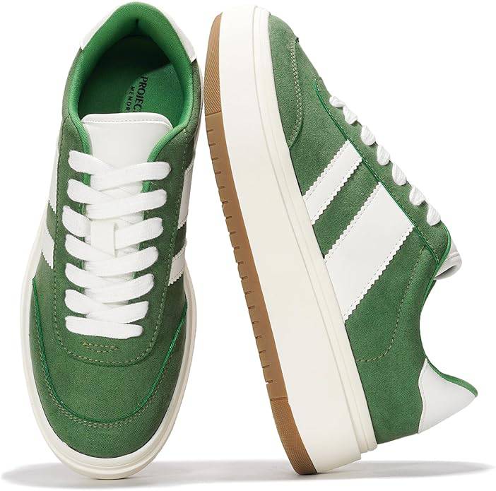 Green Nita platform sneakers with white stripes and laces. Project Cloud memory foam insole for women's comfort.