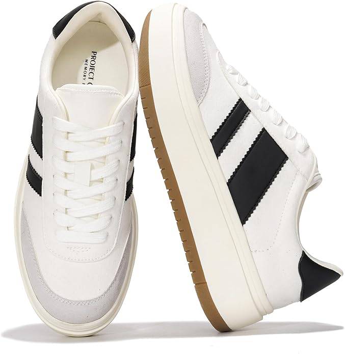 White Nita sneakers with black stripes, platform sole, and cushioned insole. Project Cloud memory foam sneakers for women.