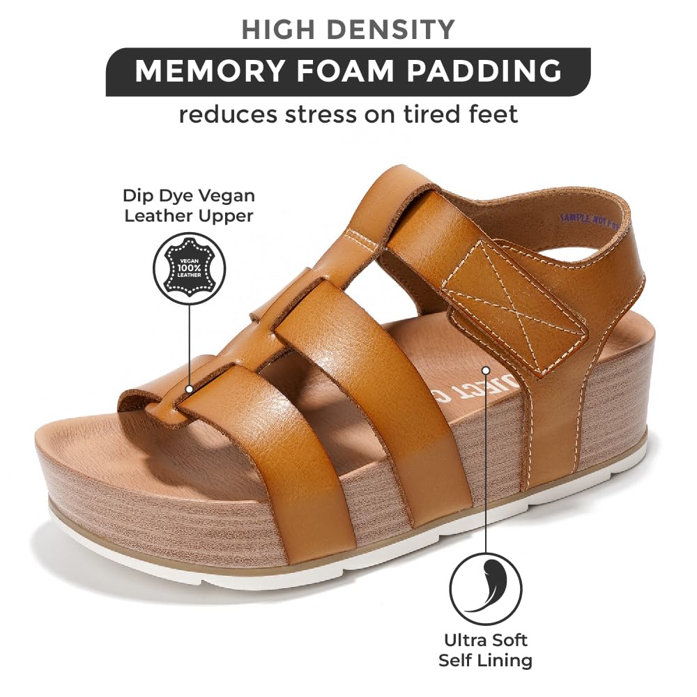 Project Cloud tan vegan leather platform sandals with memory foam and wedge heel. Soft lining.