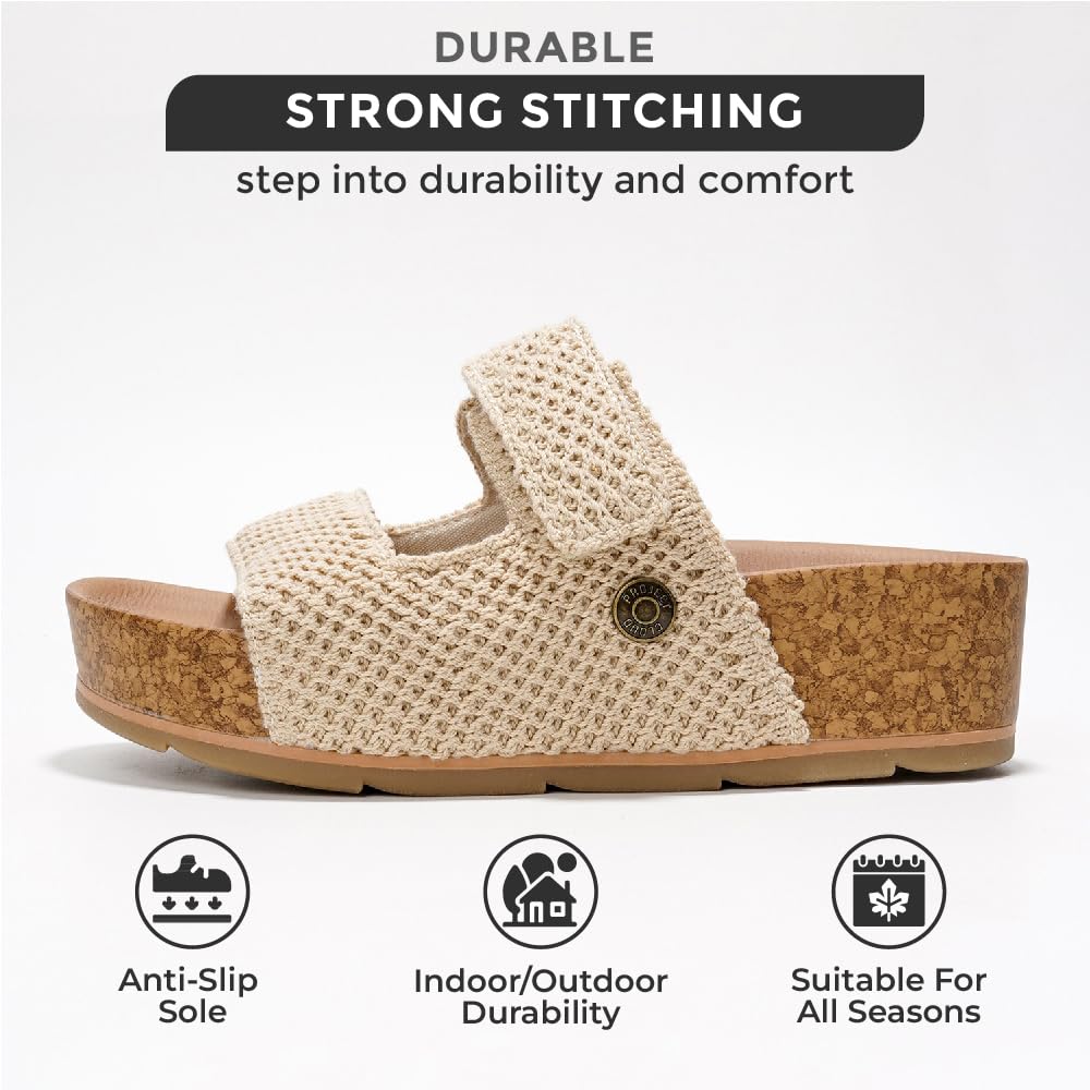 Project Cloud Prime beige knitted platform sandal, cork platform, durable, non-slip, all seasons.