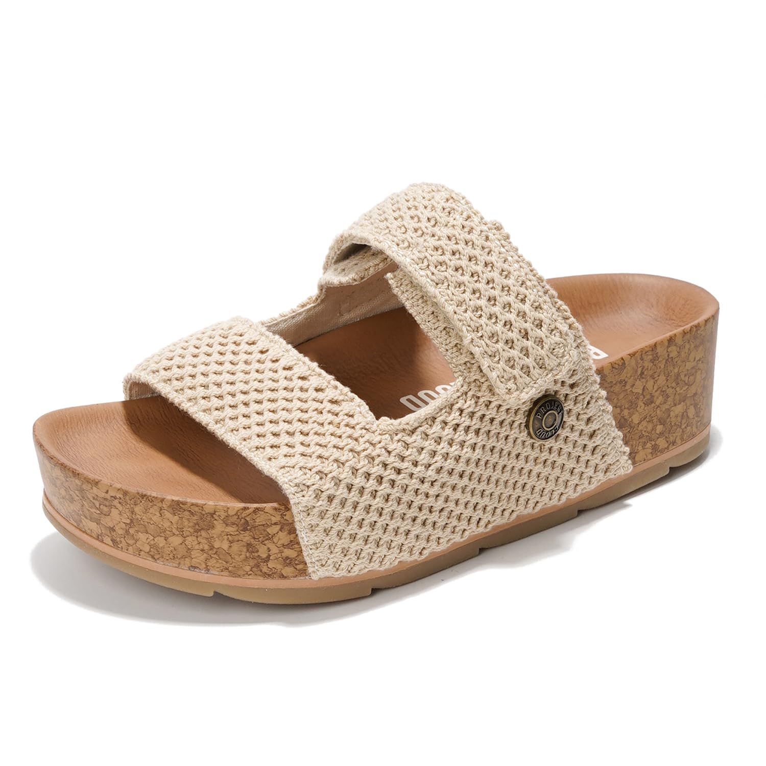 Project Cloud Prime Beige Platform Sandals with Knitted Upper, Cork Platform, and Non-Slip Sole