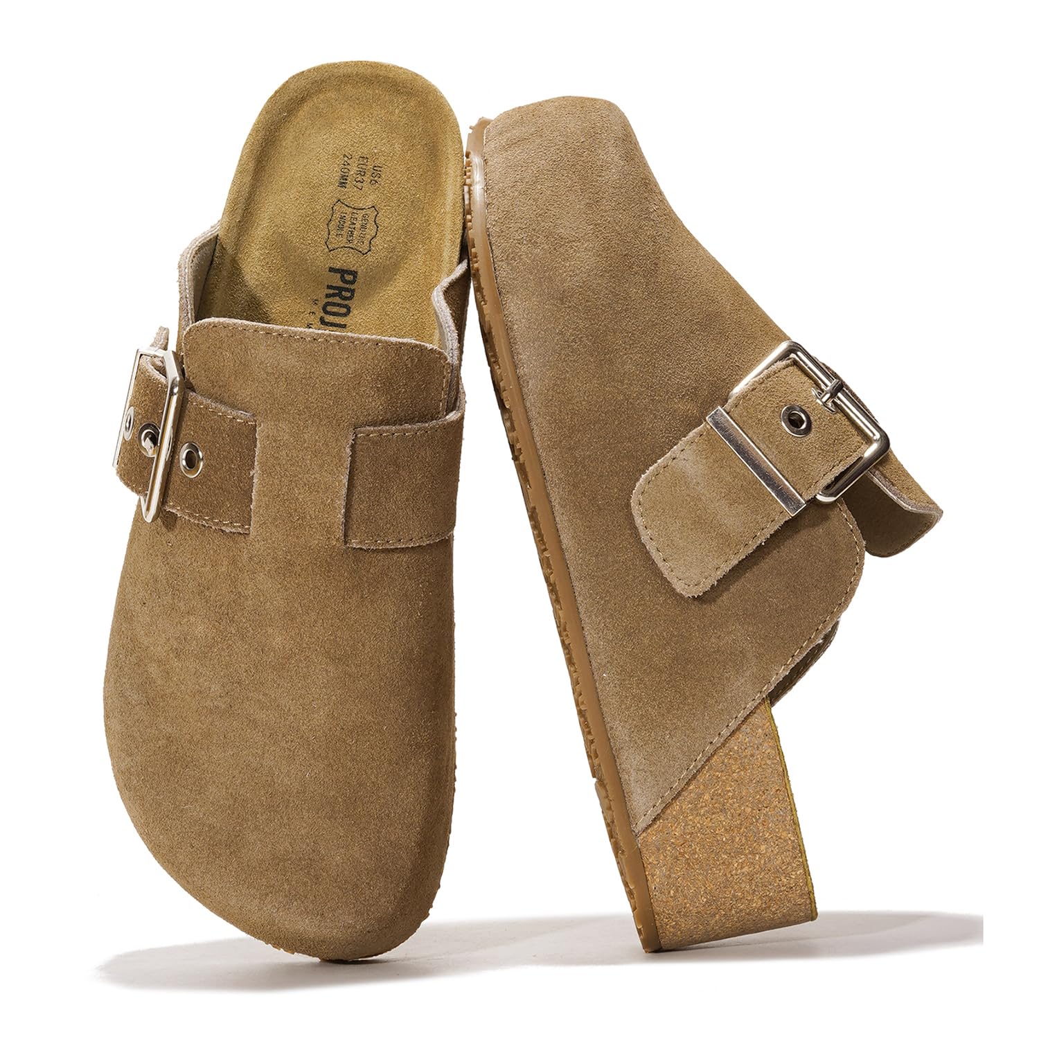 Project Cloud Rhona Clogs in Taupe Suede: adjustable buckle, memory foam footbed.