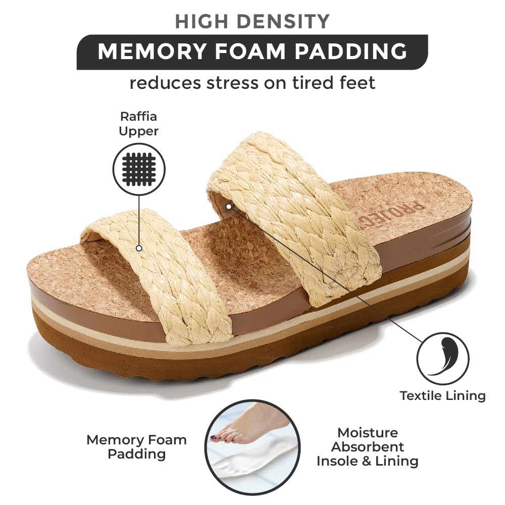 Riptide vegan wedge sandals with raffia upper, memory foam, and moisture-absorbent insole. Reduces stress.