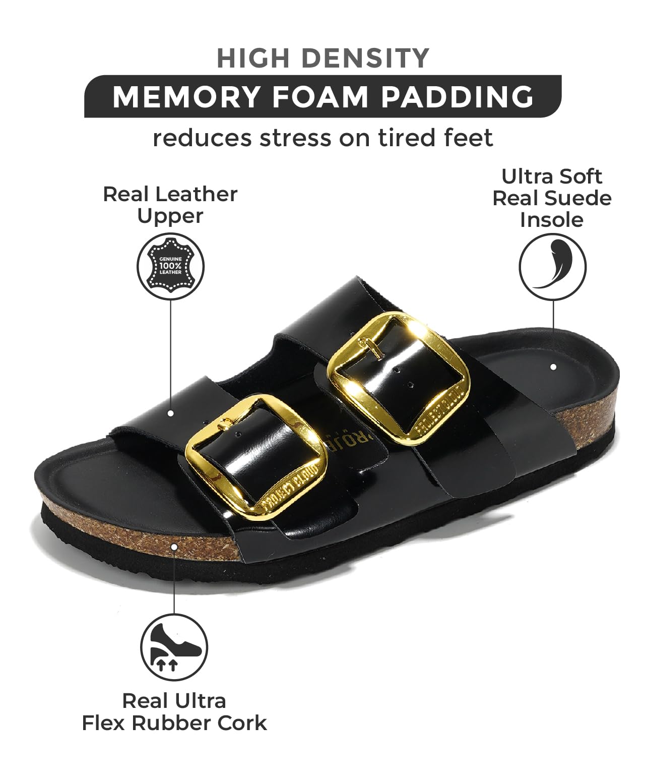 Black leather Santorini sandals with gold buckle, Project Cloud, memory foam. Real Leather Upper, Real Suede Insole
