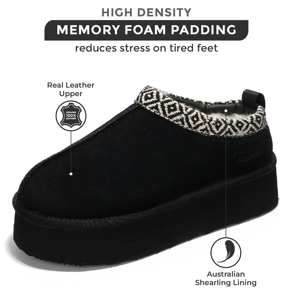 Black leather platform slippers for women with memory foam and shearling lining, Project Cloud.