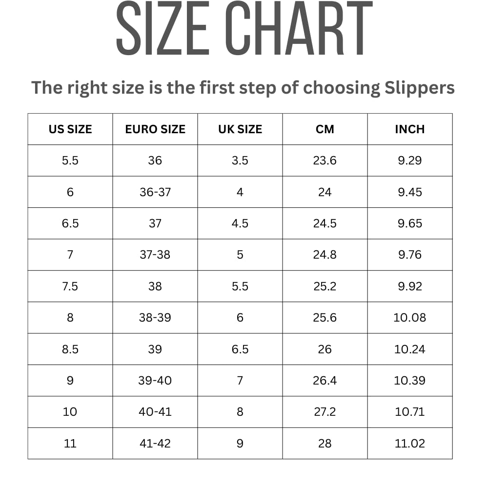 Slipper size chart showing US, Euro, UK sizes, centimeters, and inches for women's platform slippers