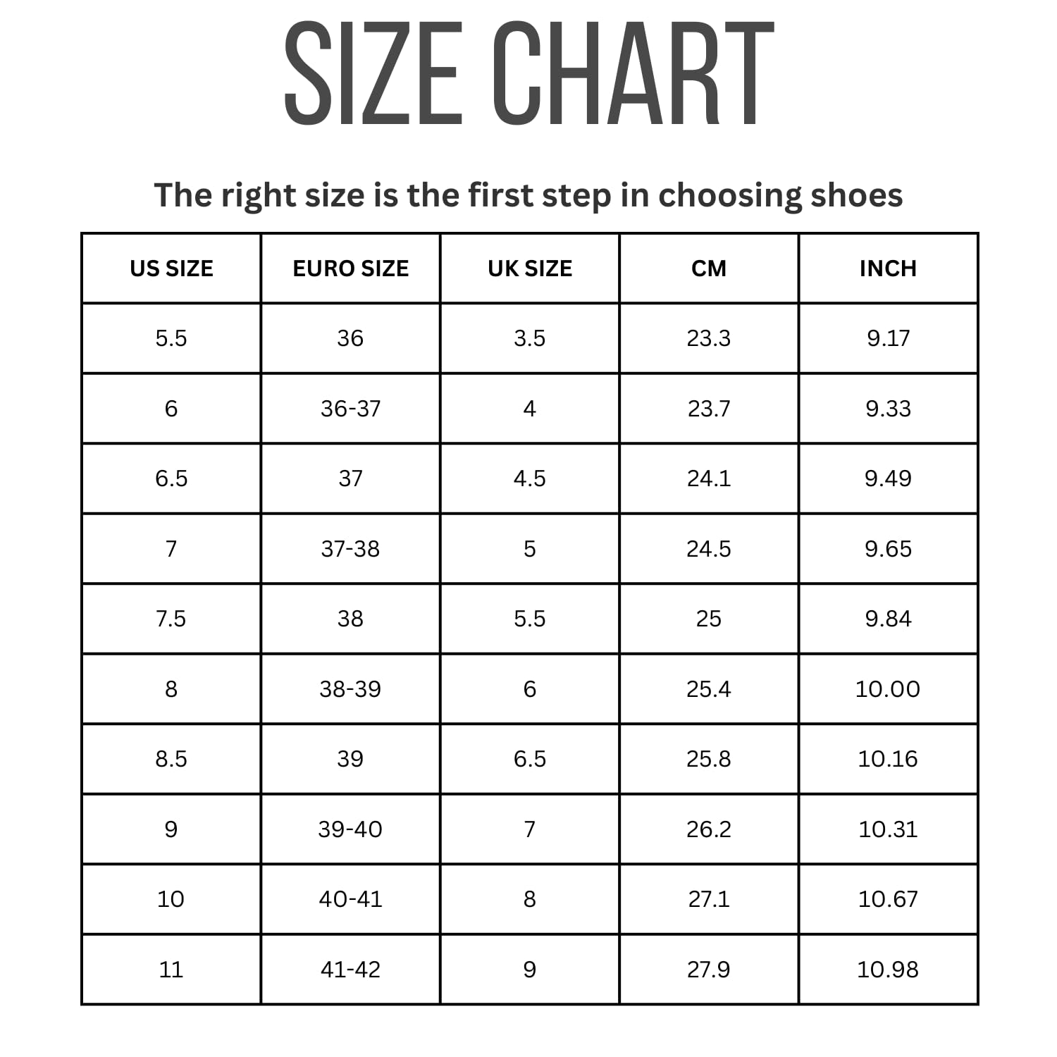 Project Cloud Seasalt sneaker size chart: US, Euro, UK, CM, and inch shoe size conversions.