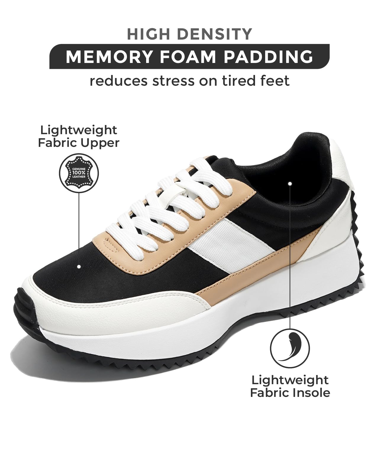 Serena women's sneakers: memory foam comfort, lightweight fabric upper and insole, non-slip sole.