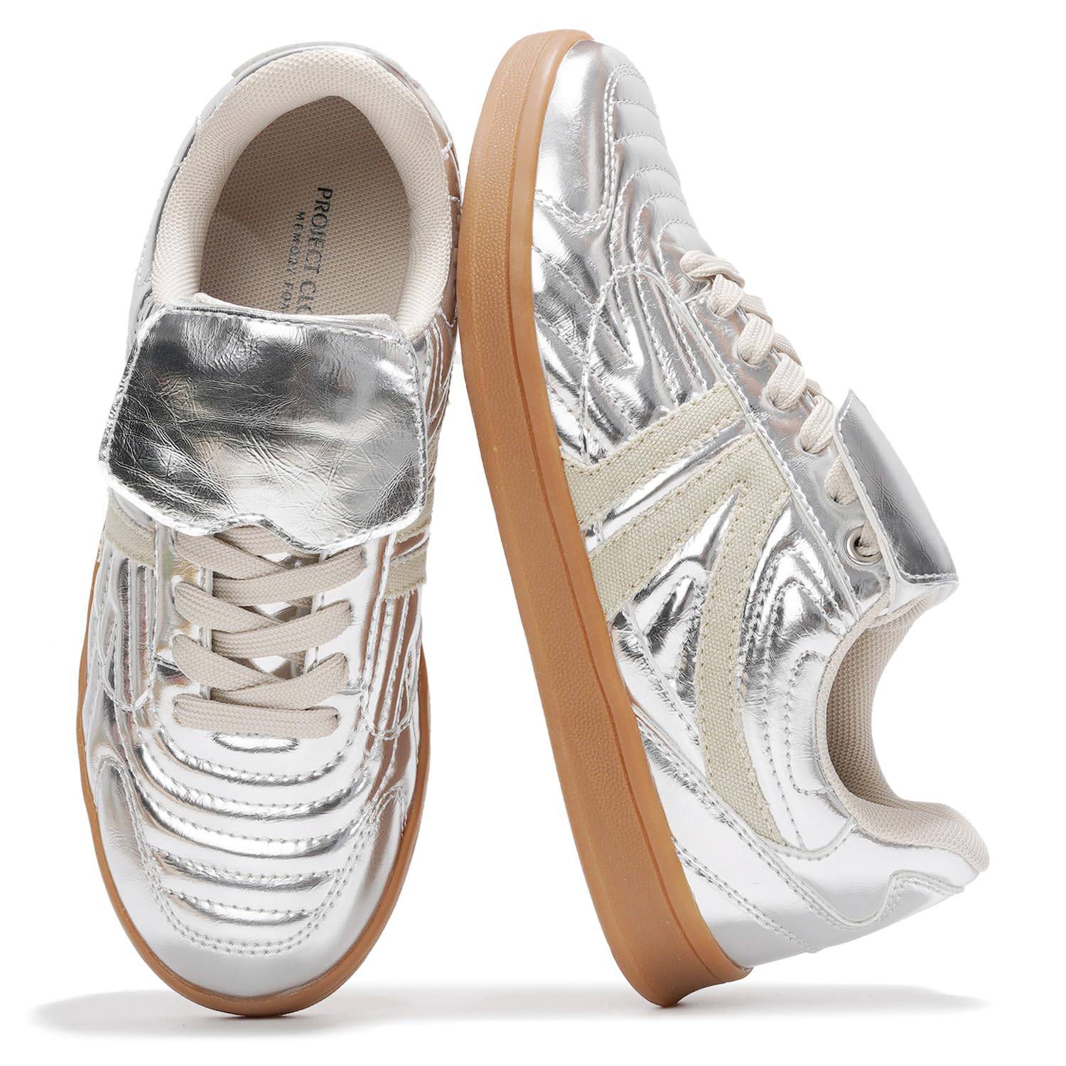 Silver vegan leather Madrid sneakers, memory foam, non-slip sole, Project Cloud logo