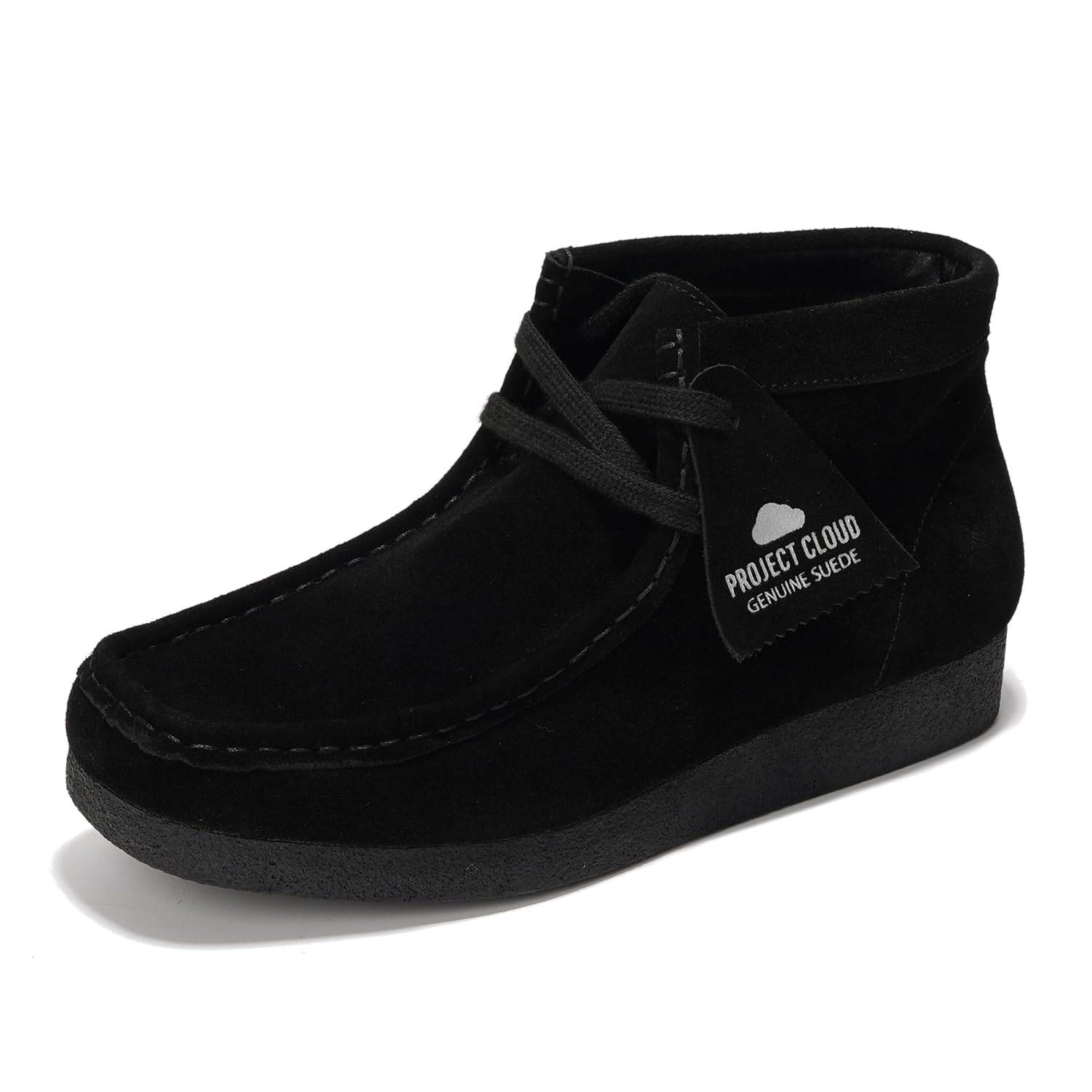 Project Cloud black suede Wally Boot. Genuine suede ankle boot featuring memory foam and non-slip sole for women's footwear.