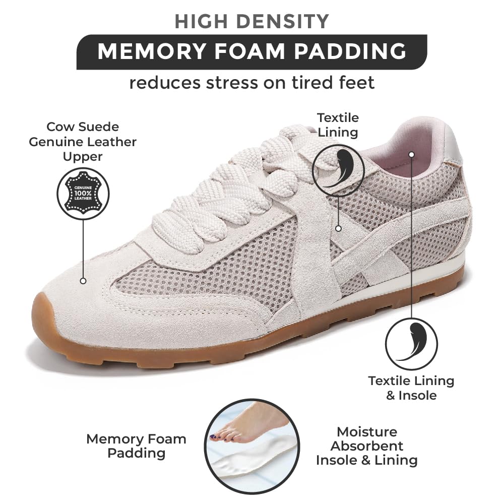 Project Cloud "Tiger" taupe sneakers: suede upper, memory foam, breathable mesh, moisture absorbent lining.